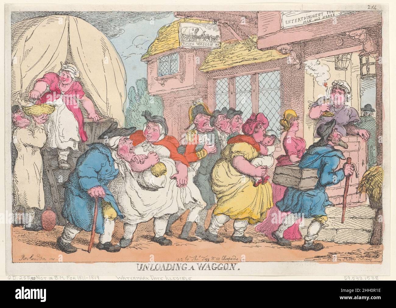 A Doleful Disaster, or Miss Fubby Fatarmin's Wig Caught Fire September 12, 1813 Thomas Rowlandson A woman unloads a wagon at left, and hands a man a basket of bread. A group of people is lined up outside of the Flying Waggon Inn at right.. A Doleful Disaster, or Miss Fubby Fatarmin's Wig Caught Fire. Thomas Rowlandson (British, London 1757–1827 London). September 12, 1813. Hand-colored etching. Thomas Tegg (British, 1776–1846). Prints Stock Photo