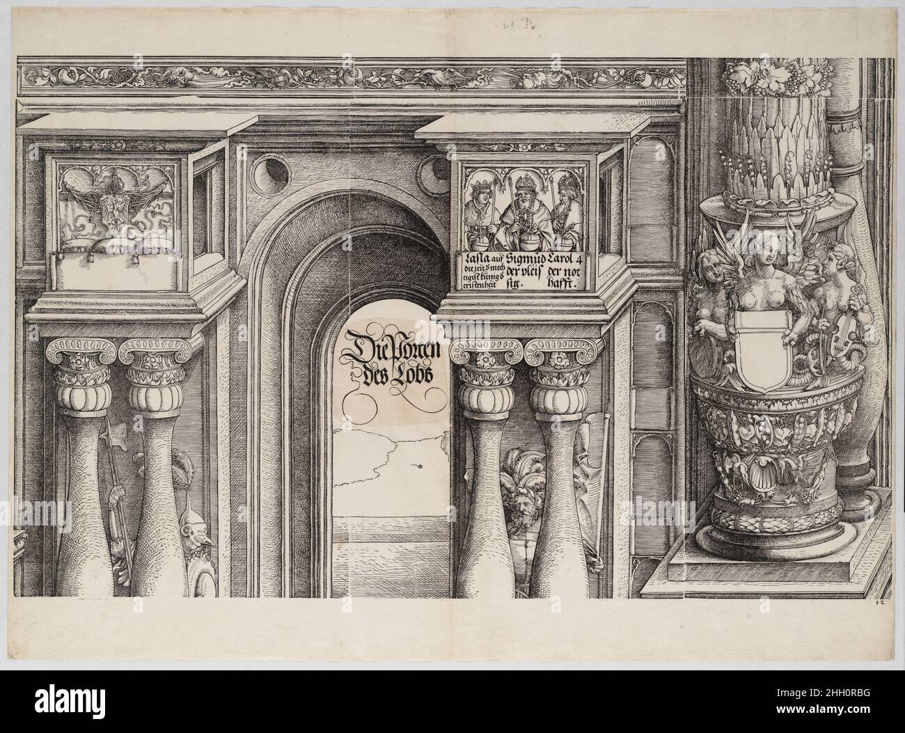 The Arch in the Entryway of the Left Portal (Die Porten des Lobs); and the Outer Left Column of the Central Portal, from the Arch of Honor, proof, dated 1515, printed 1517-18 1515 Hans Springinklee. The Arch in the Entryway of the Left Portal (Die Porten des Lobs); and the Outer Left Column of the Central Portal, from the Arch of Honor, proof, dated 1515, printed 1517-18. Hans Springinklee (German, ca. 1495–after 1522). 1515. Woodcut and letterpress. Prints Stock Photo