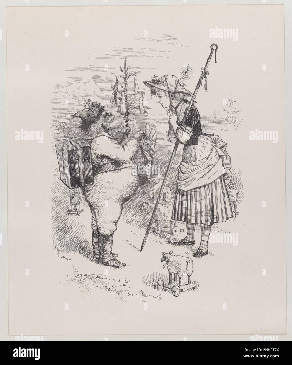 Santa Claus and Little Bo Peep (published in 'Harper's Young People,' December 23, 1879) originally published 1879 Thomas Nast Santa dressed in a fur suit and with a box strapped to his back offers a stocking filled with lamb's tails to Little Bo Peep, as well as tacks and glue. The shepherdess at right holds a crook and is surrouned by toy sheep on wheels that lack their tails. A fir tree hung with more tails is shown behind the figures. The related wood engraving was published in the 1879 Christmas issue of Harper's 'Young People.' In 1862 Nast combined European traditions of St. Nicholas wi Stock Photo