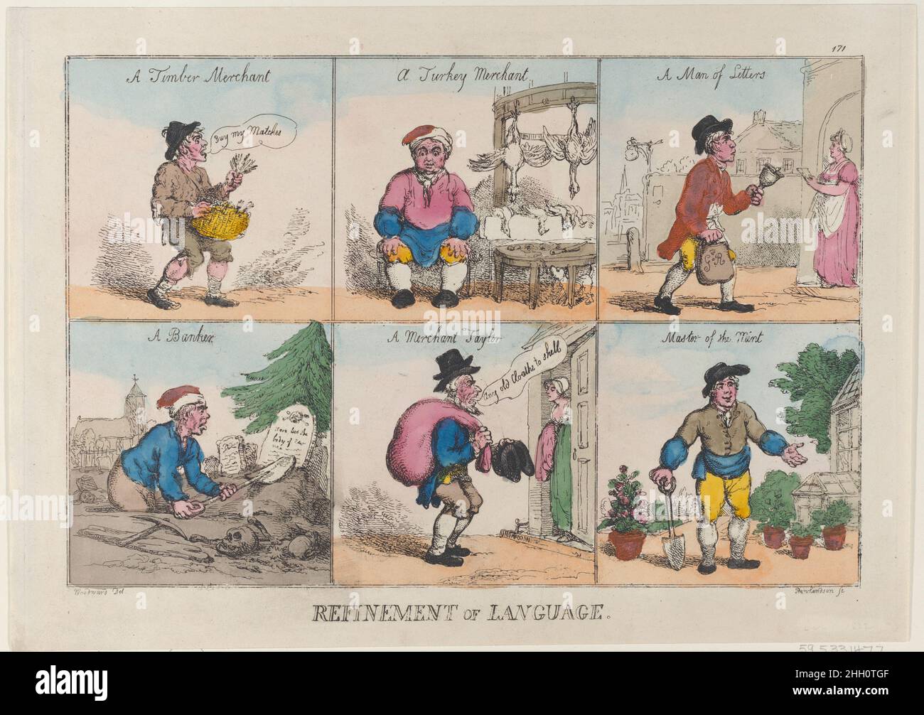 Refinement of Language October 1, 1802 Thomas Rowlandson A design in six squares, arranged in two rows, with six different men performing jobs: A Timber Merchant, A Turkey Merchant, A Man of Letters, A Banker, A Merchant Taylor, and Master of the Mint.. Refinement of Language. Thomas Rowlandson (British, London 1757–1827 London). October 1, 1802. Hand-colored etching. Thomas Tegg (British, 1776–1846). Prints Stock Photo