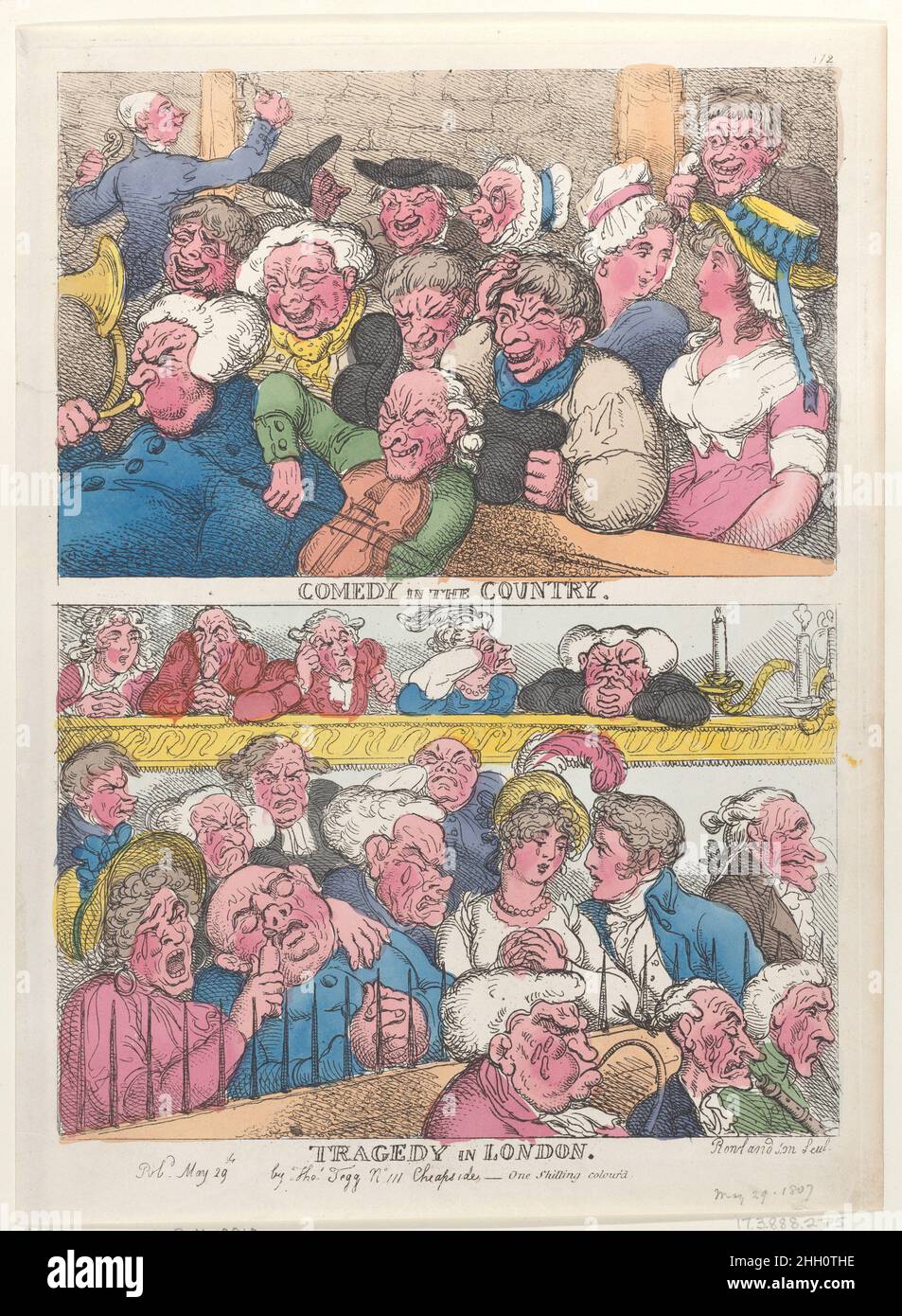 Comedy in the Country, Tragedy in London May 29, 1807 Thomas Rowlandson At top, a group of men and two women sit behind the orchestra, laughing. Below, spectators sit crying behind a weeping orchestra. A woman administers a smelling bottle to a fainting, crying man at left.. Comedy in the Country, Tragedy in London. Thomas Rowlandson (British, London 1757–1827 London). May 29, 1807. Hand-colored etching. Thomas Tegg (British, 1776–1846). Prints Stock Photo