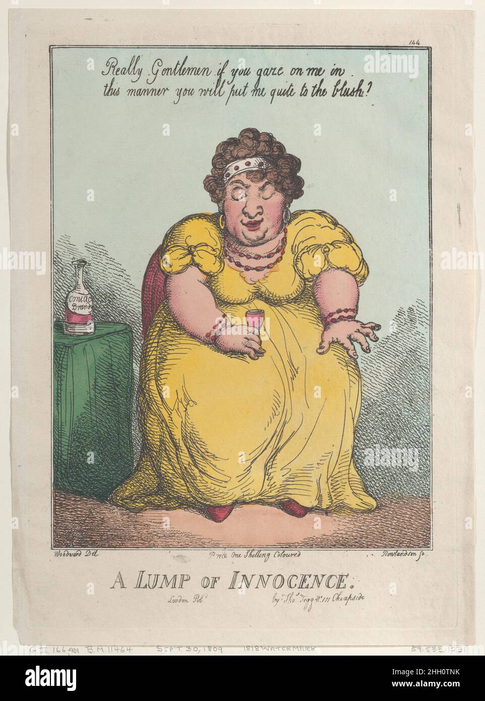 A Lump of Innocence [September 30, 1809], reprint Thomas Rowlandson A plump woman seated holding a glass of cognac, with the bottle on the table at left. Above her is inscribed 'Really Gentlemen if you gaze on me in this manner you will put me quite to the blush!'. A Lump of Innocence. Thomas Rowlandson (British, London 1757–1827 London). [September 30, 1809], reprint. Hand-colored etching. Thomas Tegg (British, 1776–1846). Prints Stock Photo