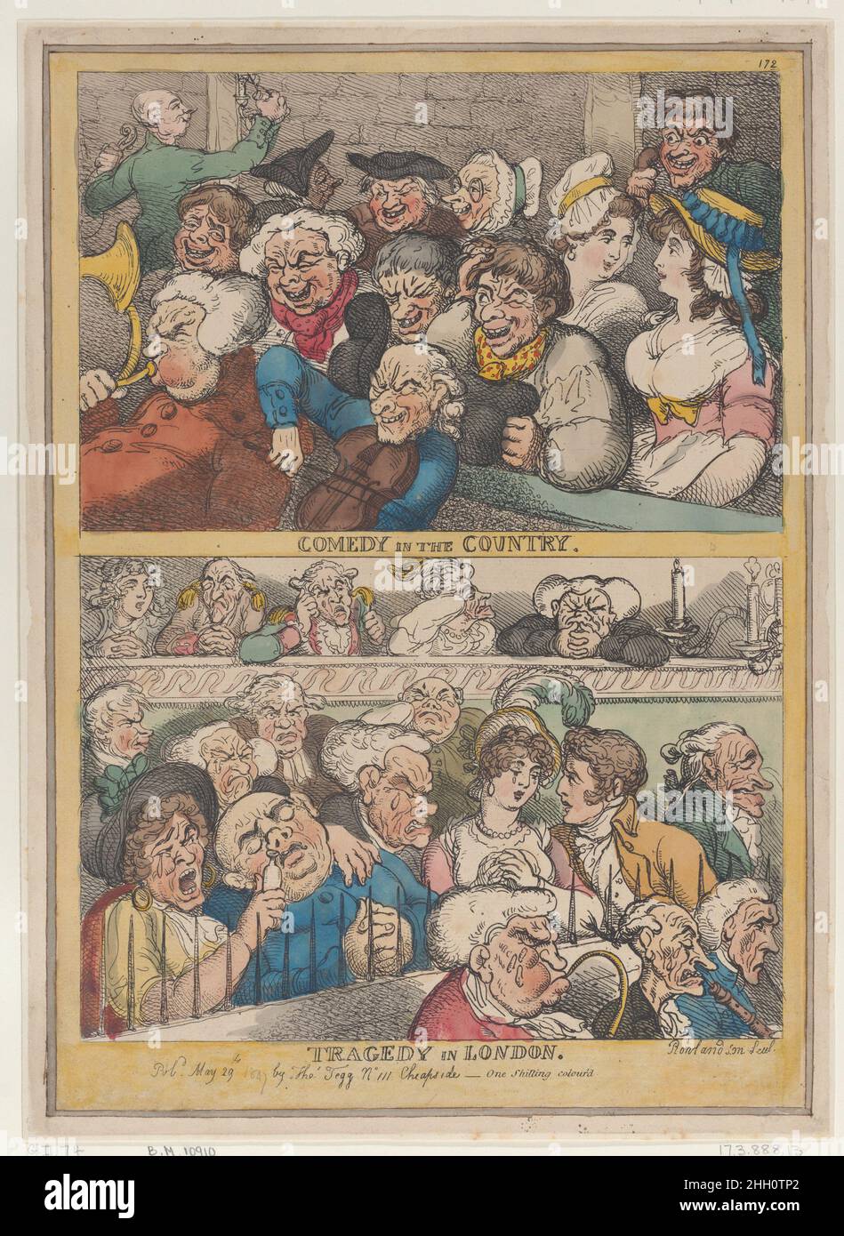 Comedy in the Country, Tragedy in London May 29, 1807 Thomas Rowlandson At top, a group of men and two women sit behind the orchestra, laughing. Below, spectators sit crying behind a weeping orchestra. A woman administers a smelling bottle to a fainting, crying man at left.. Comedy in the Country, Tragedy in London. Thomas Rowlandson (British, London 1757–1827 London). May 29, 1807. Hand-colored etching. Thomas Tegg (British, 1776–1846). Prints Stock Photo