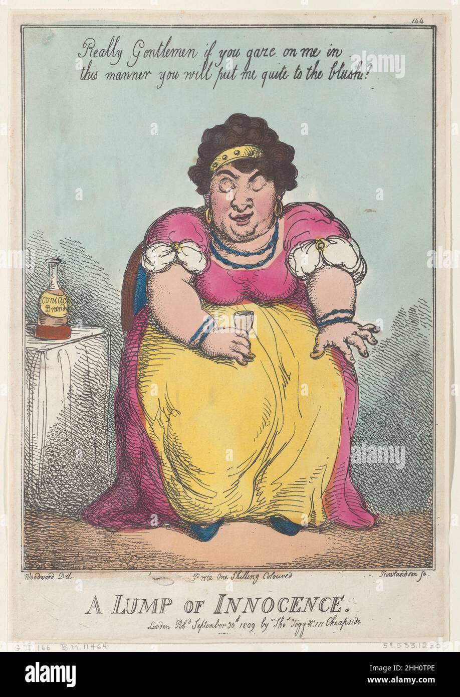 A Lump of Innocence September 30, 1809 Thomas Rowlandson A plump woman seated holding a glass of cognac, with the bottle on the table at left. Above her is inscribed 'Really Gentlemen if you gaze on me in this manner you will put me quite to the blush!'. A Lump of Innocence. Thomas Rowlandson (British, London 1757–1827 London). September 30, 1809. Hand-colored etching. Thomas Tegg (British, 1776–1846). Prints Stock Photo