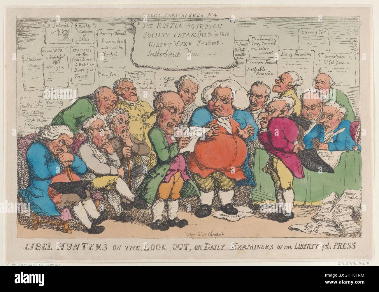 Libel Hunters on the Lookout, or Daily Examiners of the Liberty Press April 12, 1810 Thomas Rowlandson Fourteen elderly men discuss libel proceedings. A large placard on the wall shows that they are members of 'The Rotten Bourough Society Established in 1810 Gibery Vixe President Leatherbreech Vice—'. Libel Hunters on the Lookout, or Daily Examiners of the Liberty Press. Thomas Rowlandson (British, London 1757–1827 London). April 12, 1810. Hand-colored etching. Thomas Tegg (British, 1776–1846). Prints Stock Photo