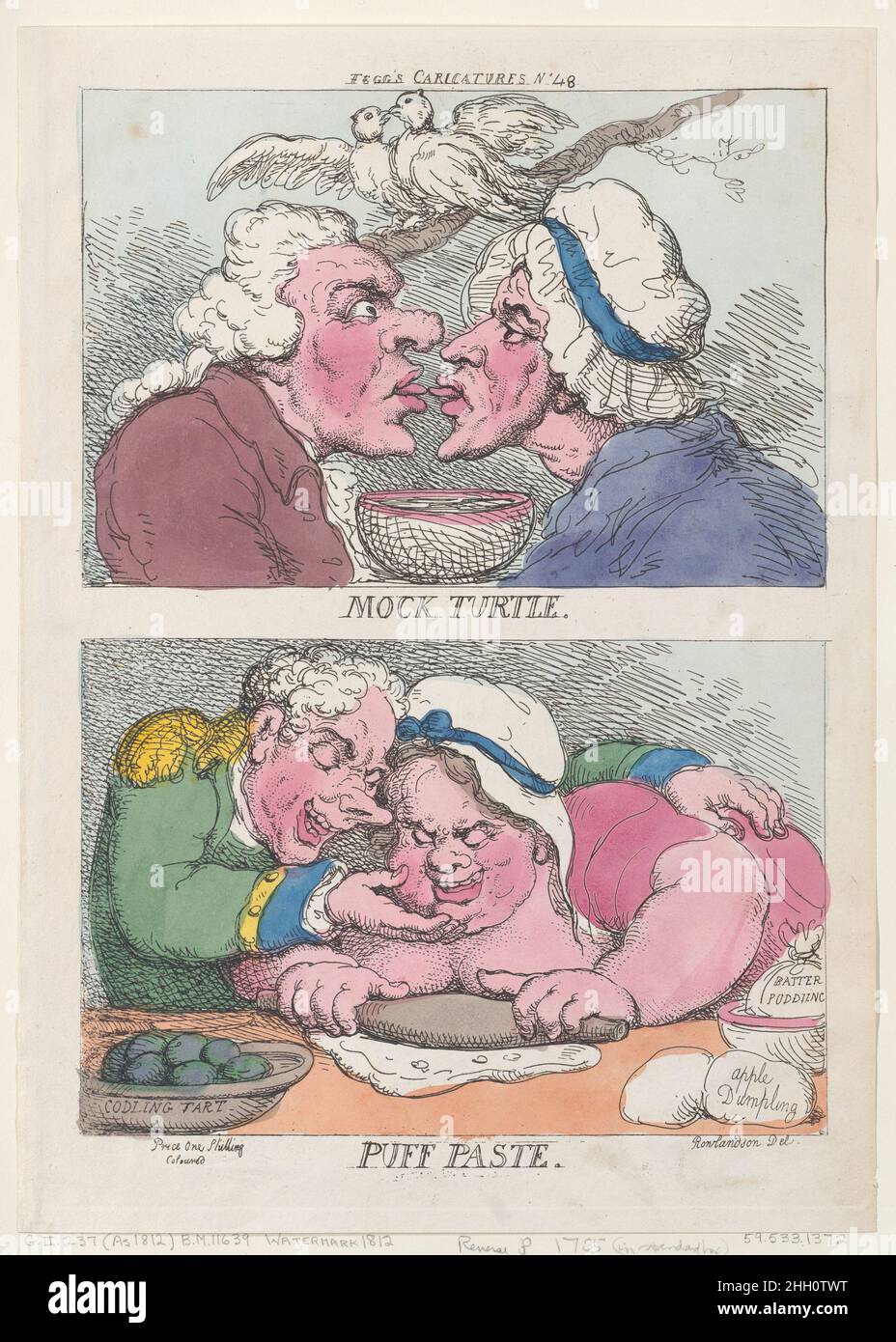 Mock Turtle; Puff Paste 1812? Thomas Rowlandson Two designs on one plate: at top, a couple touches tongues over a bowl, with two doves on a branch above. Below, a woman rolls dough while a man puts his arm around her and touches her chin.. Mock Turtle; Puff Paste. Thomas Rowlandson (British, London 1757–1827 London). 1812?. Hand-colored etching. Thomas Tegg (British, 1776–1846). Prints Stock Photo