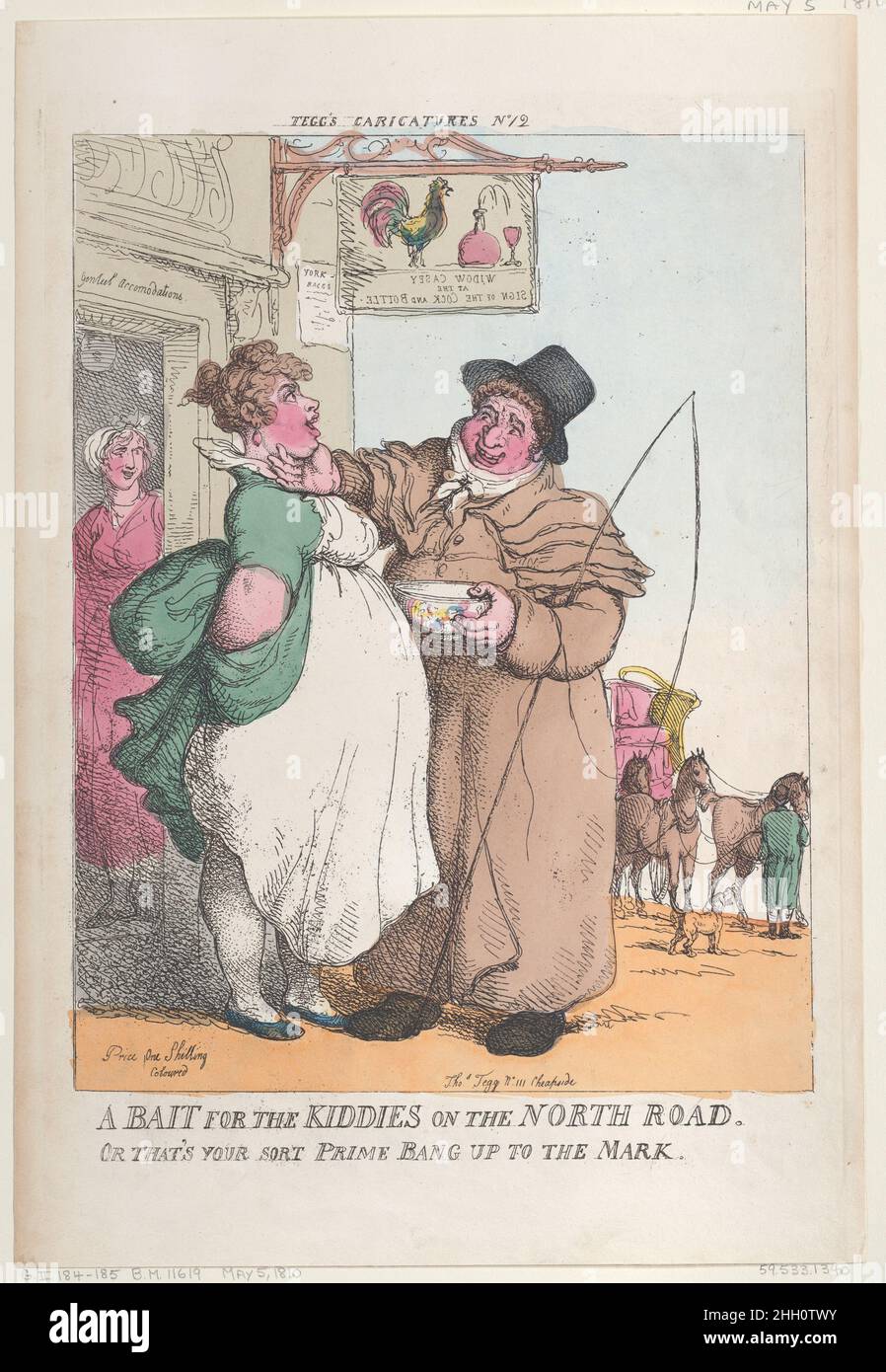 A Bait for Kiddies on the North Road. Or That's Your Sort Prime Bang up the Mark May 5, 1810 Thomas Rowlandson A stout stage-coachman holds a bowl and stands by the door of an inn, holding the chin of the landlady.. A Bait for Kiddies on the North Road. Or That's Your Sort Prime Bang up the Mark. Thomas Rowlandson (British, London 1757–1827 London). May 5, 1810. Hand-colored etching. Thomas Tegg (British, 1776–1846). Prints Stock Photo