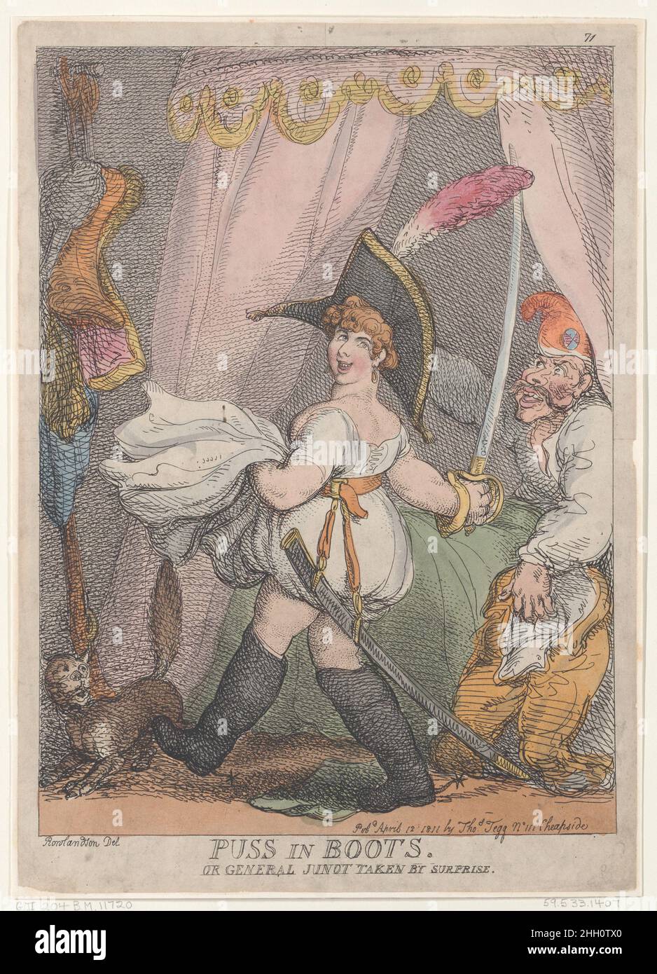 Puss in Boots or General Junot Taken by Surprise April 12, 1811 Thomas Rowlandson A woman, girding up the skirts of her dress, has dressed up in the cocked hat, boots, and sword-belt of General Junot, and joyfully marches beside his bed, brandishing his sword in her right hand, while she looks over her shoulder at the general. Junot sits up in bed at right and looks at her angrily.. Puss in Boots or General Junot Taken by Surprise. Thomas Rowlandson (British, London 1757–1827 London). April 12, 1811. Hand-colored etching. Thomas Tegg (British, 1776–1846). Prints Stock Photo