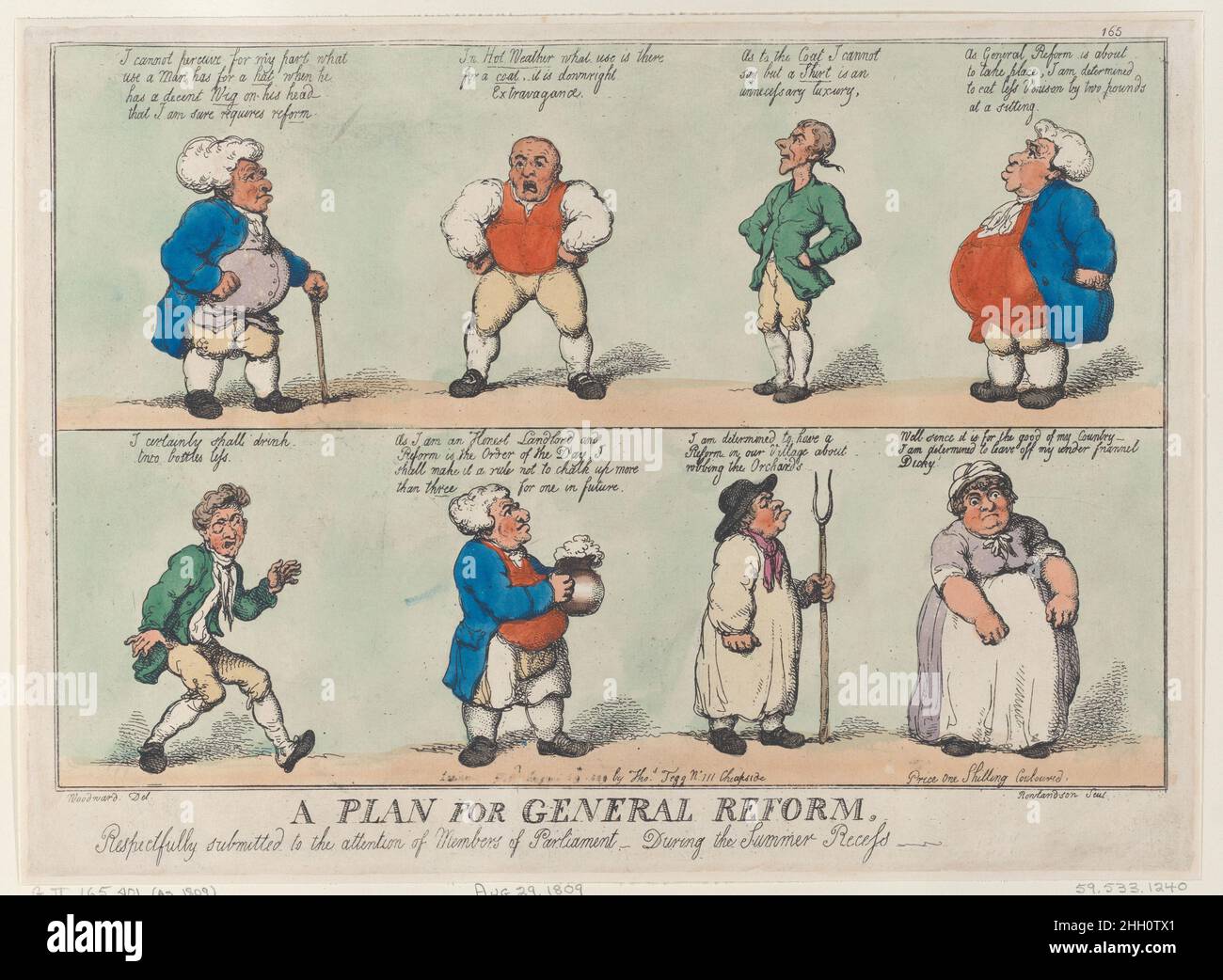 A Plan for General Reform, Respectfully submitted to the attention of Members of Parliament, During the Summer Reccess August 29, 1809 Thomas Rowlandson Eight figures arranged in two rows, each with a caption.. A Plan for General Reform, Respectfully submitted to the attention of Members of Parliament, During the Summer Reccess. Thomas Rowlandson (British, London 1757–1827 London). August 29, 1809. Hand-colored etching. Thomas Tegg (British, 1776–1846). Prints Stock Photo