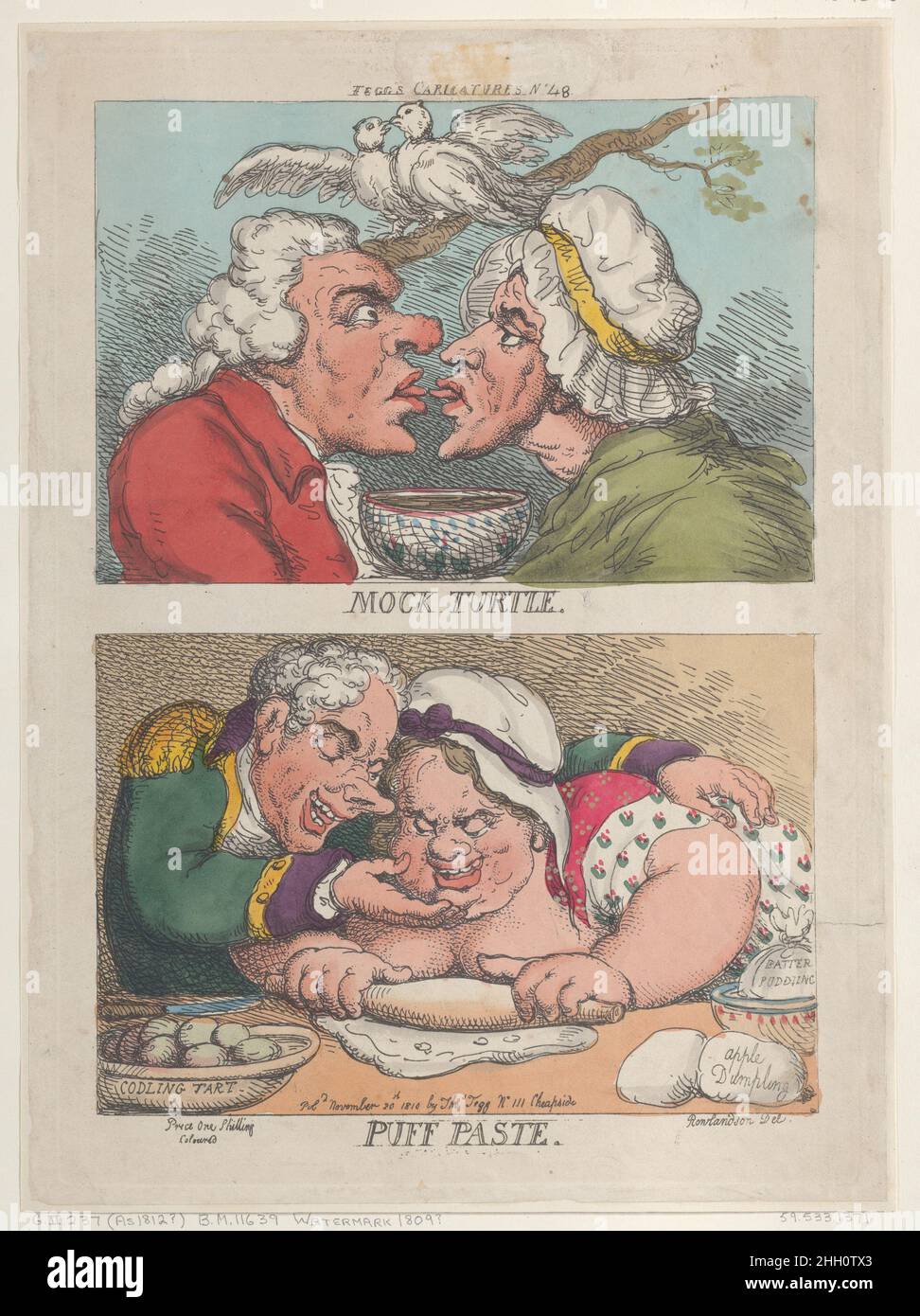 Mock Turtle; Puff Paste November 20, 1810 Thomas Rowlandson Two designs on one plate: at top, a couple touches tongues over a bowl, with two doves on a branch above. Below, a woman rolls dough while a man puts his arm around her and touches her chin.. Mock Turtle; Puff Paste. Thomas Rowlandson (British, London 1757–1827 London). November 20, 1810. Hand-colored etching. Thomas Tegg (British, 1776–1846). Prints Stock Photo