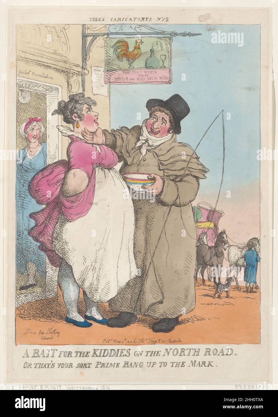 A Bait for Kiddies on the North Road. Or That's Your Sort Prime Bang up the Mark [May 5, 1810], reprint Thomas Rowlandson A stout stage-coachman holds a bowl and stands by the door of an inn, holding the chin of the landlady.. A Bait for Kiddies on the North Road. Or That's Your Sort Prime Bang up the Mark. Thomas Rowlandson (British, London 1757–1827 London). [May 5, 1810], reprint. Hand-colored etching. Thomas Tegg (British, 1776–1846). Prints Stock Photo