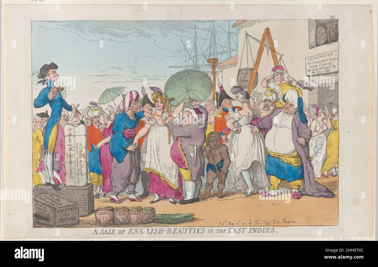 A Sale of English-Beauties in the East Indies [May 10, 1811], reprint Thomas Rowlandson A reduced copy after Gillray by Rowlandson, originally published in 1786. A group of English courtesans has just arrived in Calcutta and is being sold by an auctioneer at left.. A Sale of English-Beauties in the East Indies. Thomas Rowlandson (British, London 1757–1827 London). [May 10, 1811], reprint. Hand-colored etching. Thomas Tegg (British, 1776–1846). Prints Stock Photo