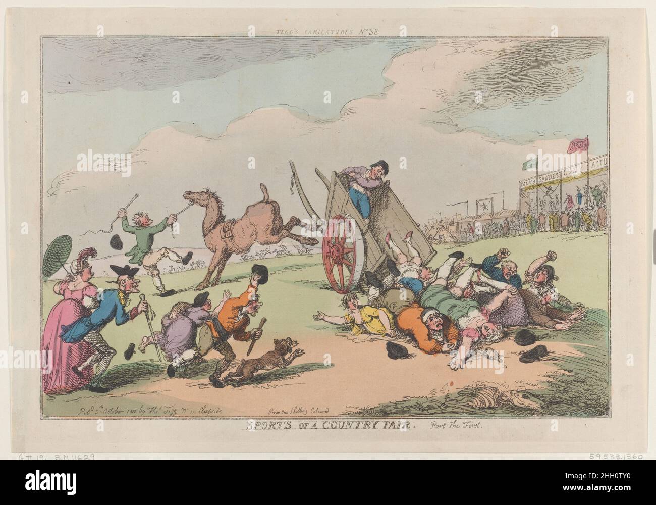 Sports of a Country Fair, Part the First October 5, 1810 Thomas Rowlandson A horse has broken loose from a two-wheeled cart, which is packed with visitors to the fair, who have been thrown onto the ground. The fair booths are in the background at right.. Sports of a Country Fair, Part the First. Thomas Rowlandson (British, London 1757–1827 London). October 5, 1810. Etching. Thomas Tegg (British, 1776–1846). Prints Stock Photo