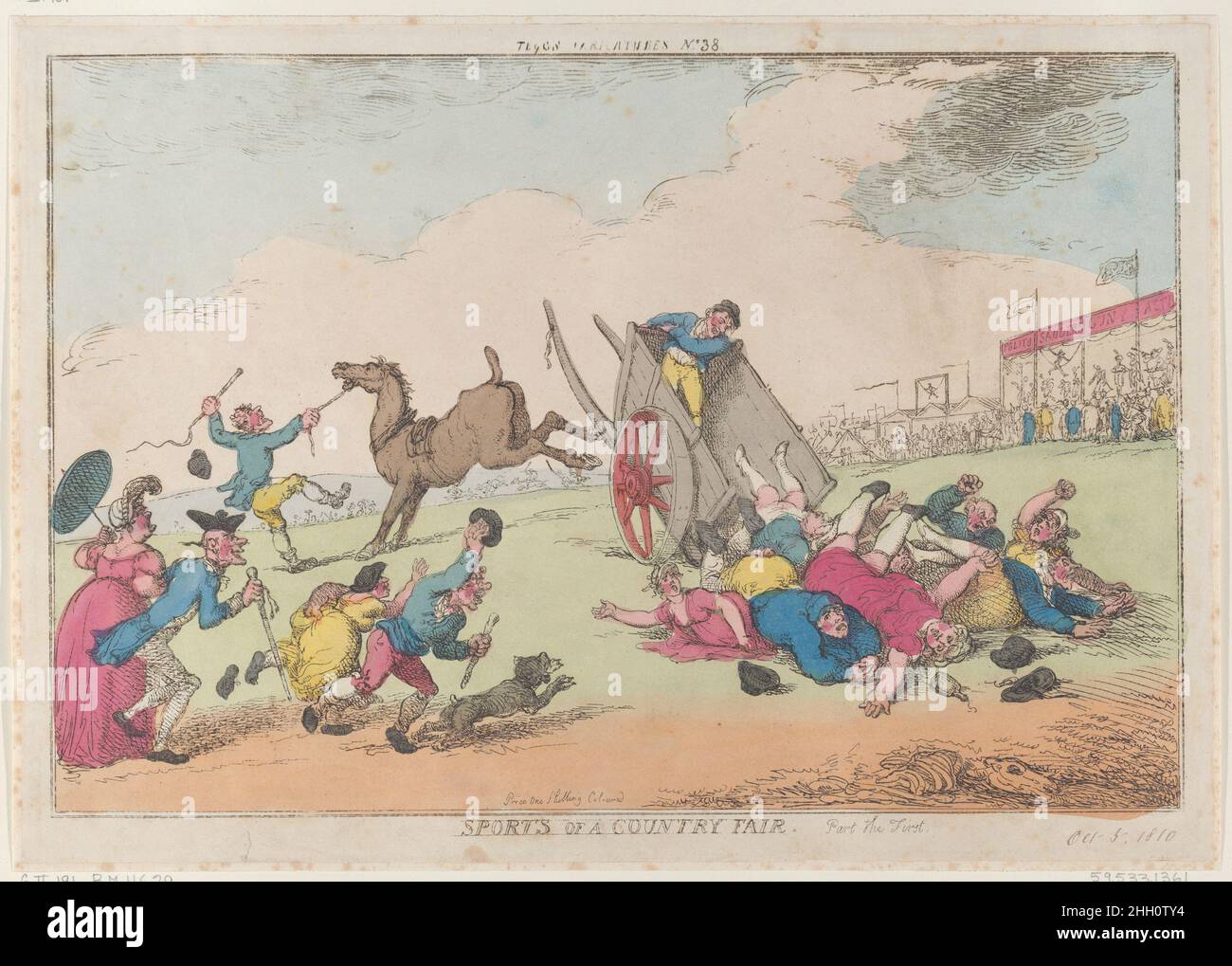 Sports of a Country Fair, Part the First October 5, 1810 Thomas Rowlandson A horse has broken loose from a two-wheeled cart, which is packed with visitors to the fair, who have been thrown onto the ground. The fair booths are in the background at right.. Sports of a Country Fair, Part the First. Thomas Rowlandson (British, London 1757–1827 London). October 5, 1810. Etching. Thomas Tegg (British, 1776–1846). Prints Stock Photo