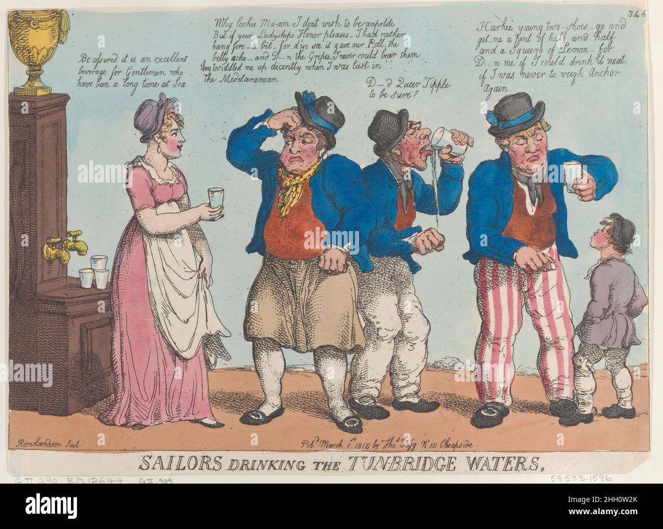 Sailors Drinking the Tunbridge Waters March 1, 1815 Thomas Rowlandson A young woman stands by the pump and offers a drink to a sailor who scratches his head. She says: 'Be assured it is an excellent beverage for Gentlemen who have been a long time at sea.' He answers: 'Why lookee Ma-am I dont wish to be unpolite But if your Ladyships Honor pleases—I had rather hang fire—a bit—for d'ye see it gave our Poll, the belly ache—and D—n the Gripes, I never could bear them they twiddled me up decently when I was last in the Meditaranean.' An elderly sailor at right tries to drink water and says: 'D—d Q Stock Photo