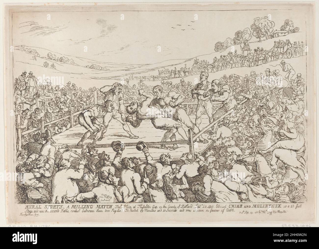 Rural Sports, A Milling Match September 29, 1811 Thomas Rowlandson A boxing match takes place here on a 25 foot stage, before a crowd estimated at 15,000. The English champion Thomas Cribb strikes Tom Molineux who falls backwards. This second contest between the fighters took place at Thisselton Gap, Rutland on September 28, 1811. Molineaux was an African-American, said to have been enslaved in Virginia. He had crossed the Atlantic in 1809 and had fought Cribb previously at Sheninghton Hollow, Oxfordshire on December 3, 1810, going down to defeat in 35 rounds in a disputed decision. At this re Stock Photo