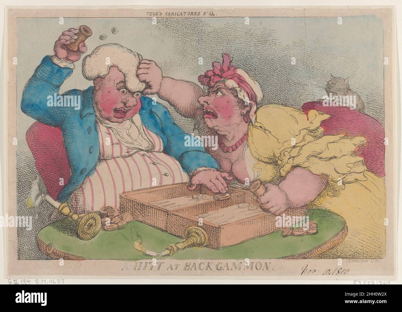 A Hitt at Backgammon November 9, 1810 Thomas Rowlandson A man and woman play backgammon. The woman at right is frantic with rage, and leans towards the man to seize his wig. Two candlesticks are overturned on the table and a cat meows at the back of her chair.. A Hitt at Backgammon. Thomas Rowlandson (British, London 1757–1827 London). November 9, 1810. Hand-colored etching. Thomas Tegg (British, 1776–1846). Prints Stock Photo