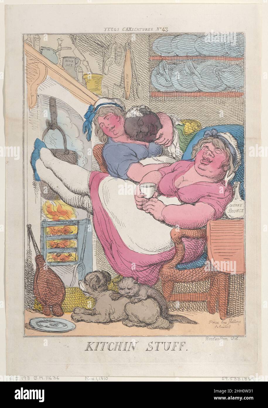Kitchin Stuff November 1, 1810 Thomas Rowlandson A cook sleeps by the kitchen fire in an armchair with her feetup on the chimney-piece. She holds a glass filled from a bottle of 'Cherry Bounce' at her elbow. A plump kitchen-maid is also asleep beside her, with her arm round the neck of a footman who sleeps on her shoulder.. Kitchin Stuff. Thomas Rowlandson (British, London 1757–1827 London). November 1, 1810. Hand-colored etching. Thomas Tegg (British, 1776–1846). Prints Stock Photo