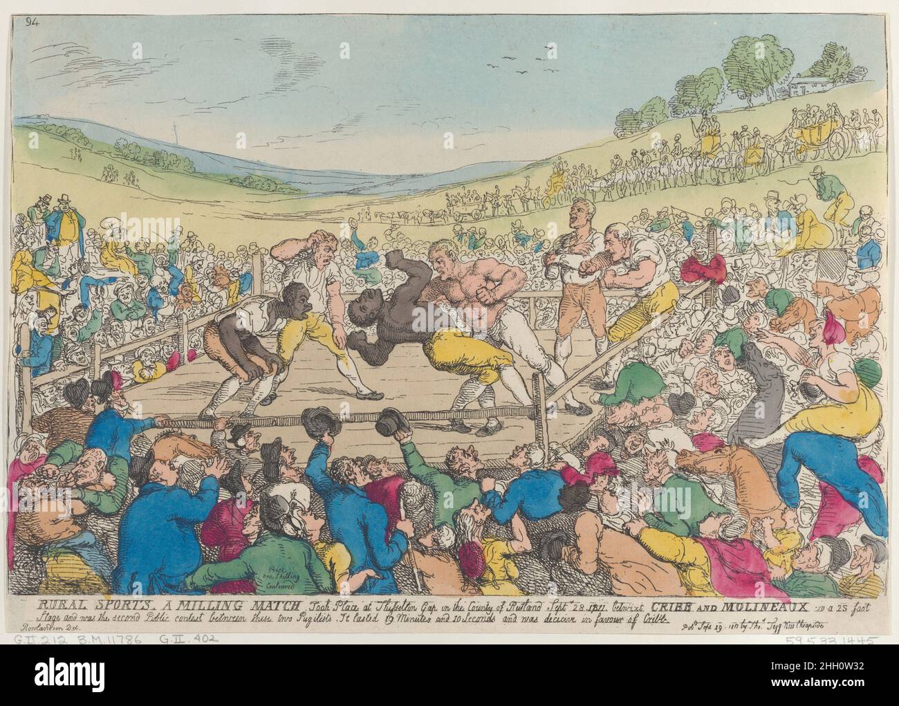 Rural Sports, A Milling Match September 29, 1811 Thomas Rowlandson A boxing match takes place here on a 25 foot stage, before a crowd estimated at 15,000. The English champion Thomas Cribb, with cuts on the face, strikes Tom Molineux who falls backwards. This second contest between the fighters took place at Thisselton Gap, Rutland on September 28, 1811. Molineaux was an African-American, said to have been enslaved in Virginia. He had crossed the Atlantic in 1809 and had fought Cribb previously at Sheninghton Hollow, Oxfordshire on December 3, 1810, going down to defeat in 35 rounds in a dispu Stock Photo