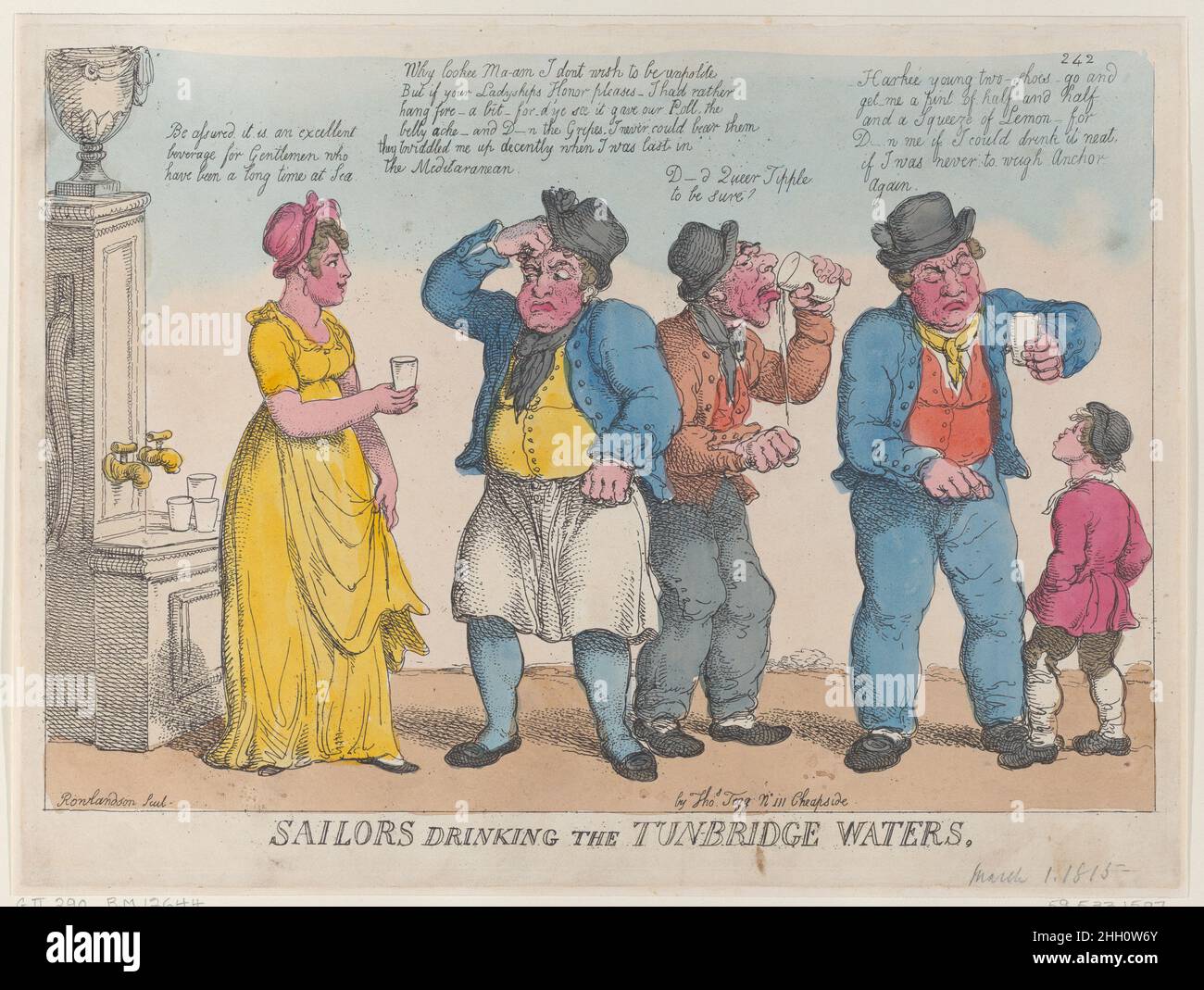 Sailors Drinking the Tunbridge Waters March 1, 1815 Thomas Rowlandson A young woman stands by the pump and offers a drink to a sailor who scratches his head. She says: 'Be assured it is an excellent beverage for Gentlemen who have been a long time at sea.' He answers: 'Why lookee Ma-am I dont wish to be unpolite But if your Ladyships Honor pleases—I had rather hang fire—a bit—for d'ye see it gave our Poll, the belly ache—and D—n the Gripes, I never could bear them they twiddled me up decently when I was last in the Meditaranean.' An elderly sailor at right tries to drink water and says: 'D—d Q Stock Photo