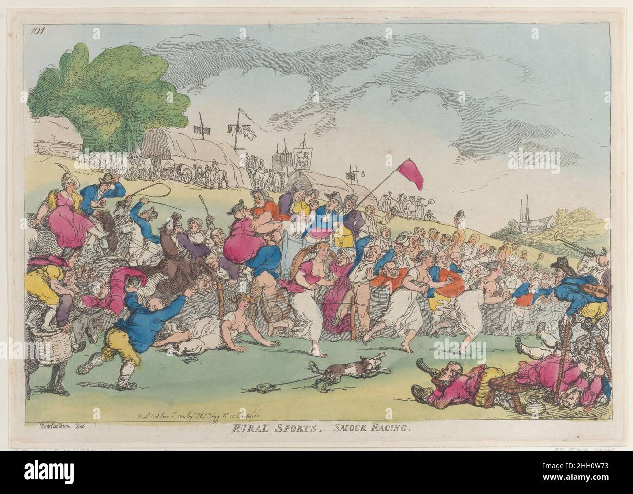 Rural Sports, Smock Racing [October 1, 1811], reprint Thomas Rowlandson A crowd watches three country girls who race barefoot and scantily clad. A fourth girl has been tripped by a dog at left.. Rural Sports, Smock Racing. Thomas Rowlandson (British, London 1757–1827 London). [October 1, 1811], reprint. Hand-colored etching. Thomas Tegg (British, 1776–1846). Prints Stock Photo