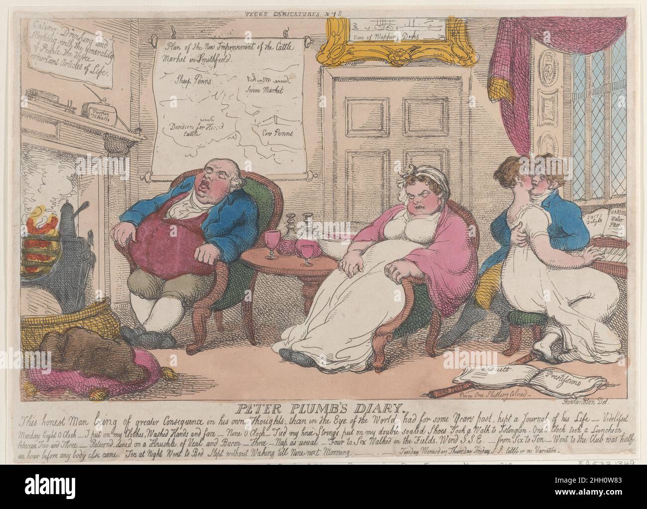 Peter Plumb's Diary May 20, 1810 Thomas Rowlandson Later state with date erased.A plump couple sleep in armchairs by the fireplace, while a young woman and man kiss by a piano at right.. Peter Plumb's Diary. Thomas Rowlandson (British, London 1757–1827 London). May 20, 1810. Hand-colored etching. Thomas Tegg (British, 1776–1846). Prints Stock Photo