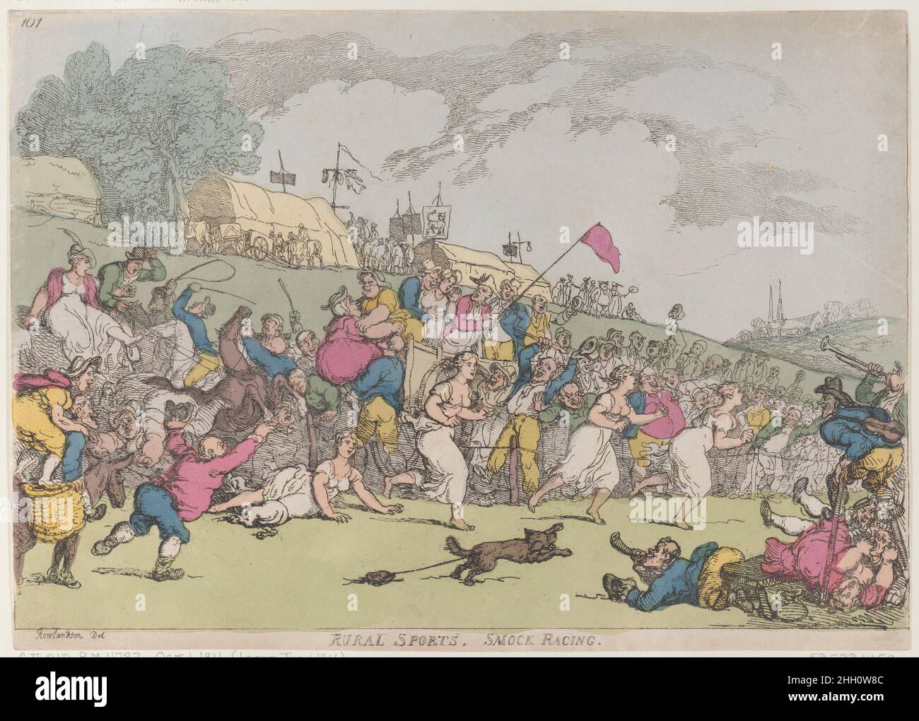 Rural Sports, Smock Racing [October 1, 1811], reprint Thomas Rowlandson A crowd watches three country girls who race barefoot and scantily clad. A fourth girl has been tripped by a dog at left.. Rural Sports, Smock Racing. Thomas Rowlandson (British, London 1757–1827 London). [October 1, 1811], reprint. Hand-colored etching. Thomas Tegg (British, 1776–1846). Prints Stock Photo