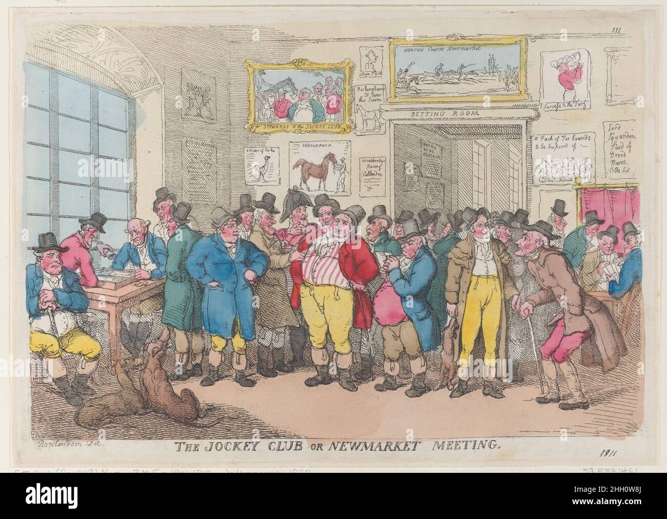 The Jockey Club or Newmarket Meeting [October 10, 1811], reprint Thomas Rowlandson A group of men gathers in a betting room, with two hunting dogs at left.. The Jockey Club or Newmarket Meeting. Thomas Rowlandson (British, London 1757–1827 London). [October 10, 1811], reprint. Hand-colored etching. Thomas Tegg (British, 1776–1846). Prints Stock Photo