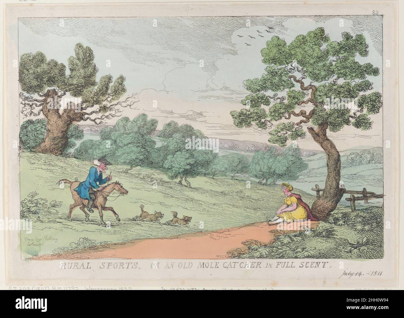 Rural Sports, or an Old Mole Catcher in Full Scent [1811], reprint Thomas Rowlandson An elderly man on a horse rides in a hilly landscape with two dogs before him, and approaches a girl seated beneath a tree at right.. Rural Sports, or an Old Mole Catcher in Full Scent. Thomas Rowlandson (British, London 1757–1827 London). [1811], reprint. Hand-colored etching. Thomas Tegg (British, 1776–1846). Prints Stock Photo