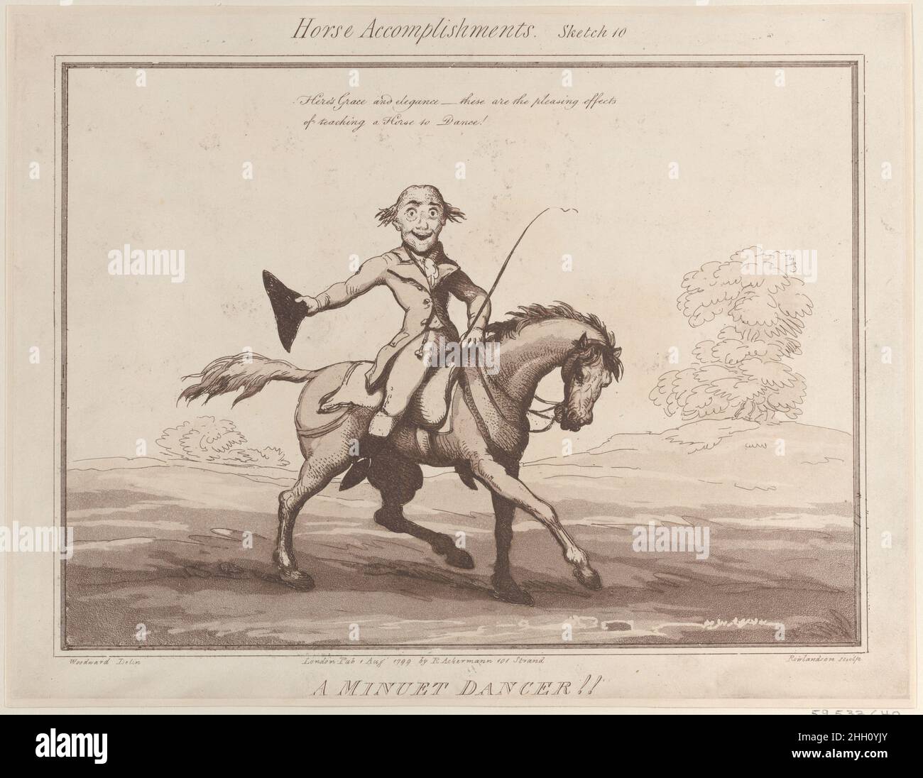 Horse Accomplishments, Sketch 10: A Minuet Dancer !! August 1, 1799 Thomas Rowlandson One of a set of twelve prints that make fun of different sorts of mounts. Here, a man sits on a prancing horse and doffs his hat. Text above reads: 'Here's Grace and elegance–these are the pleasing effects of teaching a Horse to Dance!. Horse Accomplishments, Sketch 10: A Minuet Dancer !!. Horse Accomplishments. After George Murgatroyd Woodward (British, 1765–1809 London). August 1, 1799. Etching and aquatint. Rudolph Ackermann, London (active 1794–1829). Prints Stock Photo