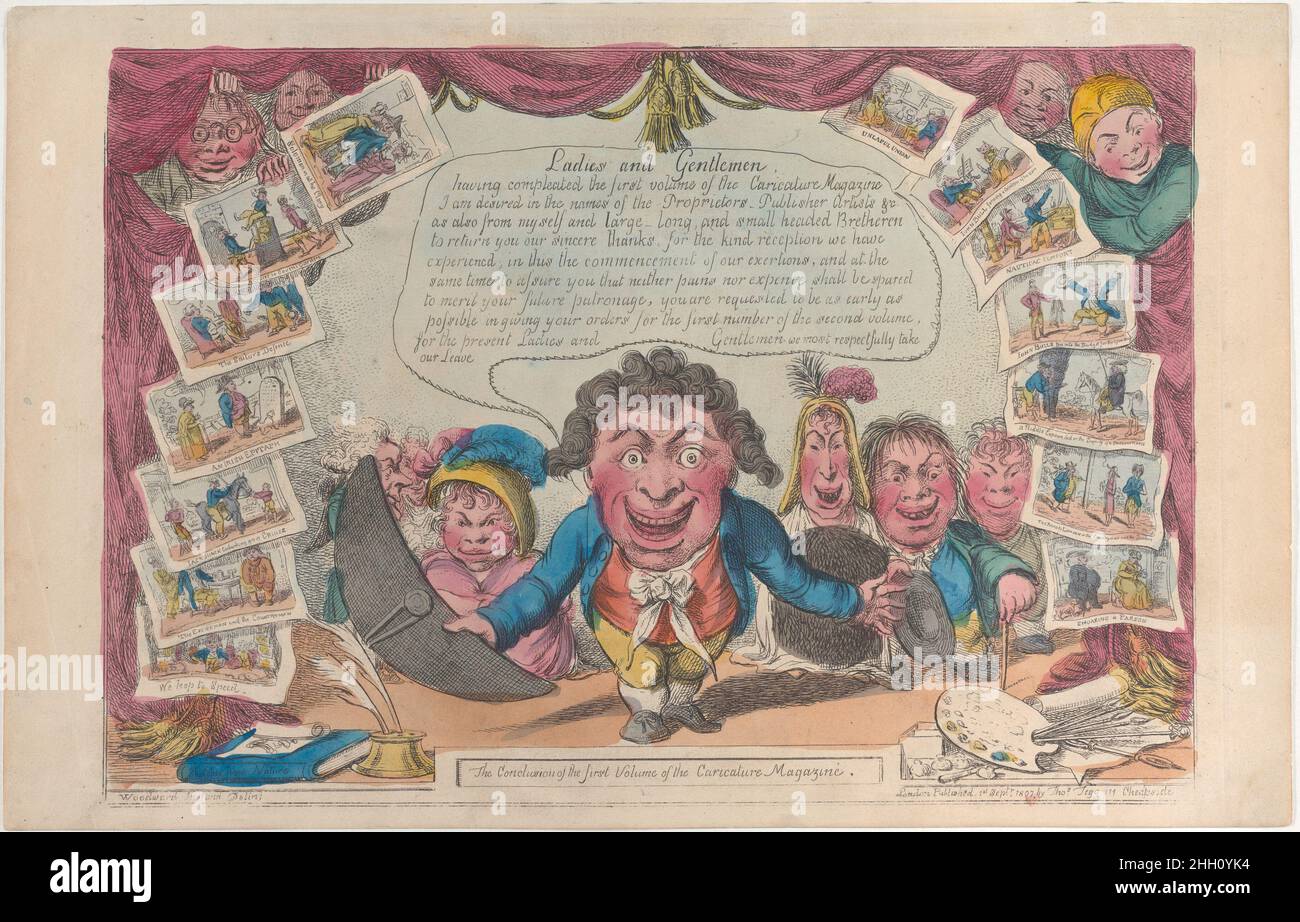 The Conclusion of the first Volume of the Caricature Magazine September 1, 1807 Charles Williams On a stage framed with a curtain, a showman bows and spreads his arms, holding a hat in one hand and giving a speech. An inkwell and plumes are shown at left near an album of drawings, a palette and brushes are shown at right. Six more men and women stand behind smiling or laughing, and rows of prints are hung to either side, decorating the edge of the curtain. Each is titled.The central figure says: 'Ladies and Gentlemen having compleated the first volume of the Caricature Magazine I am desired in Stock Photo