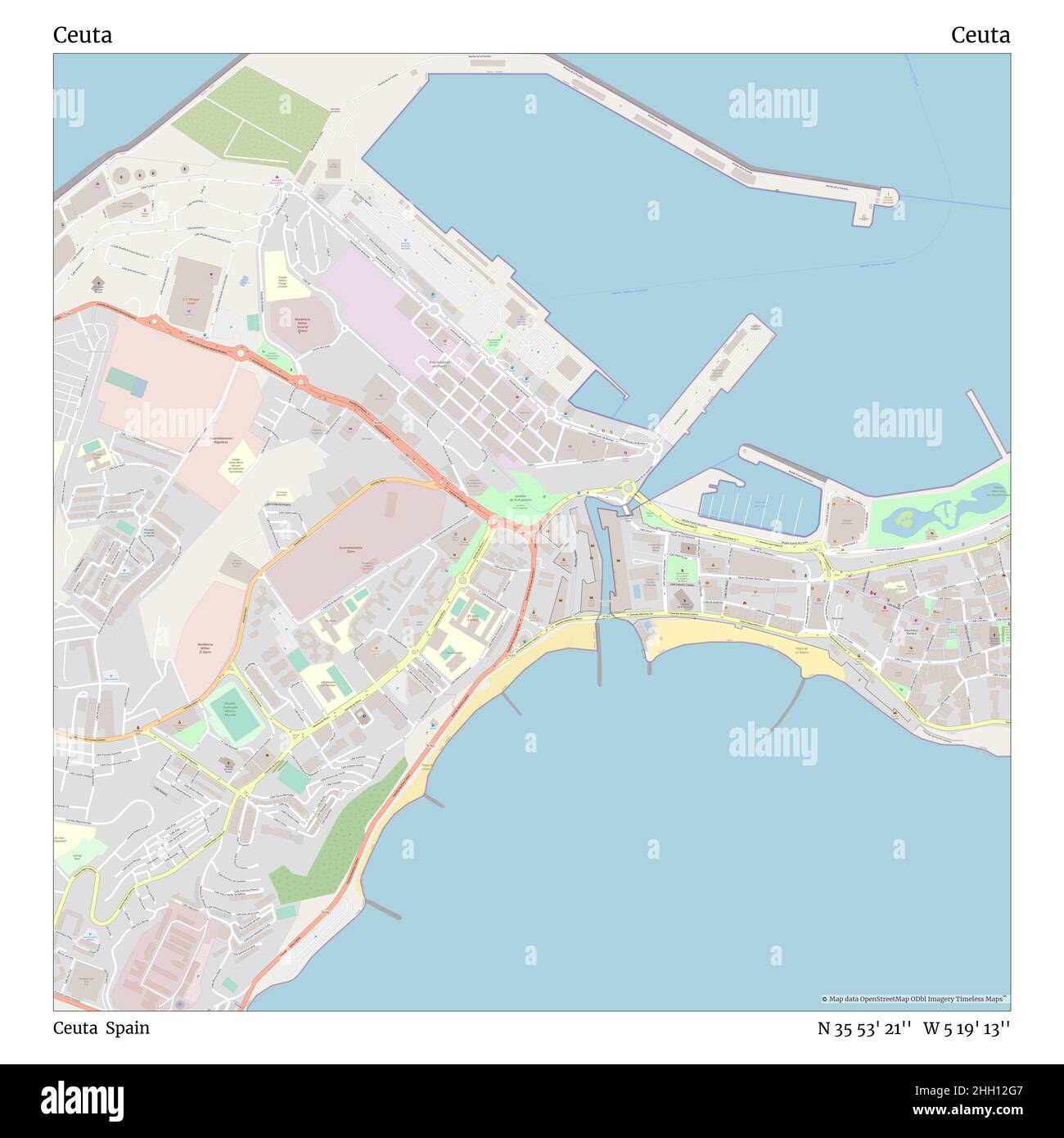 Ceuta, Ceuta, Spain, Ceuta, N 35 53' 21'', W 5 19' 13'', map, Timeless Map published in 2021. Travelers, explorers and adventurers like Florence Nightingale, David Livingstone, Ernest Shackleton, Lewis and Clark and Sherlock Holmes relied on maps to plan travels to the world's most remote corners, Timeless Maps is mapping most locations on the globe, showing the achievement of great dreams Stock Photo