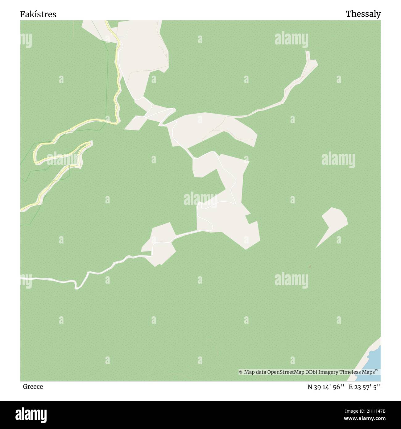 Fakístres, Greece, Thessaly, N 39 14' 56'', E 23 57' 5'', map, Timeless Map published in 2021. Travelers, explorers and adventurers like Florence Nightingale, David Livingstone, Ernest Shackleton, Lewis and Clark and Sherlock Holmes relied on maps to plan travels to the world's most remote corners, Timeless Maps is mapping most locations on the globe, showing the achievement of great dreams Stock Photo