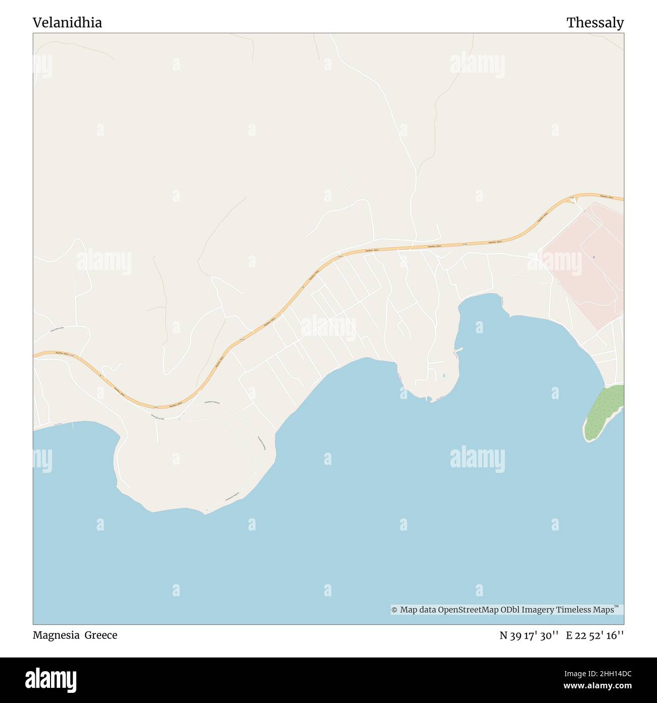 Velanidhia, Magnesia, Greece, Thessaly, N 39 17' 30'', E 22 52' 16'', map, Timeless Map published in 2021. Travelers, explorers and adventurers like Florence Nightingale, David Livingstone, Ernest Shackleton, Lewis and Clark and Sherlock Holmes relied on maps to plan travels to the world's most remote corners, Timeless Maps is mapping most locations on the globe, showing the achievement of great dreams Stock Photo