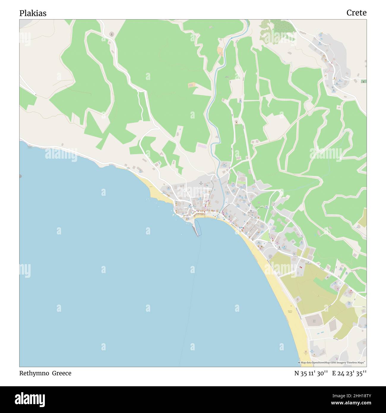 Plakias, Rethymno, Greece, Crete, N 35 11' 30'', E 24 23' 35'', map, Timeless Map published in 2021. Travelers, explorers and adventurers like Florence Nightingale, David Livingstone, Ernest Shackleton, Lewis and Clark and Sherlock Holmes relied on maps to plan travels to the world's most remote corners, Timeless Maps is mapping most locations on the globe, showing the achievement of great dreams Stock Photo