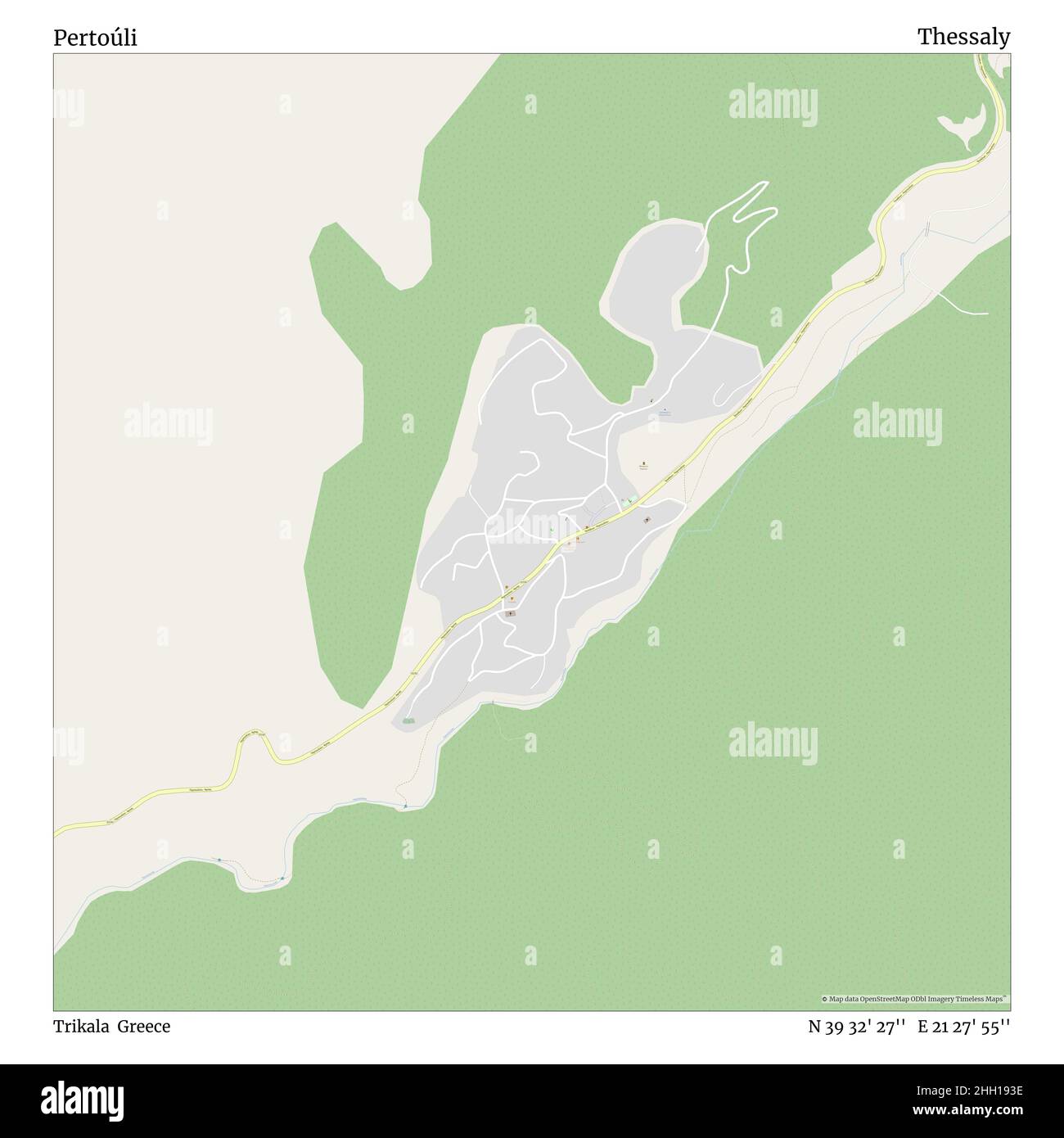 Pertoúli, Trikala, Greece, Thessaly, N 39 32' 27'', E 21 27' 55'', map, Timeless Map published in 2021. Travelers, explorers and adventurers like Florence Nightingale, David Livingstone, Ernest Shackleton, Lewis and Clark and Sherlock Holmes relied on maps to plan travels to the world's most remote corners, Timeless Maps is mapping most locations on the globe, showing the achievement of great dreams Stock Photo