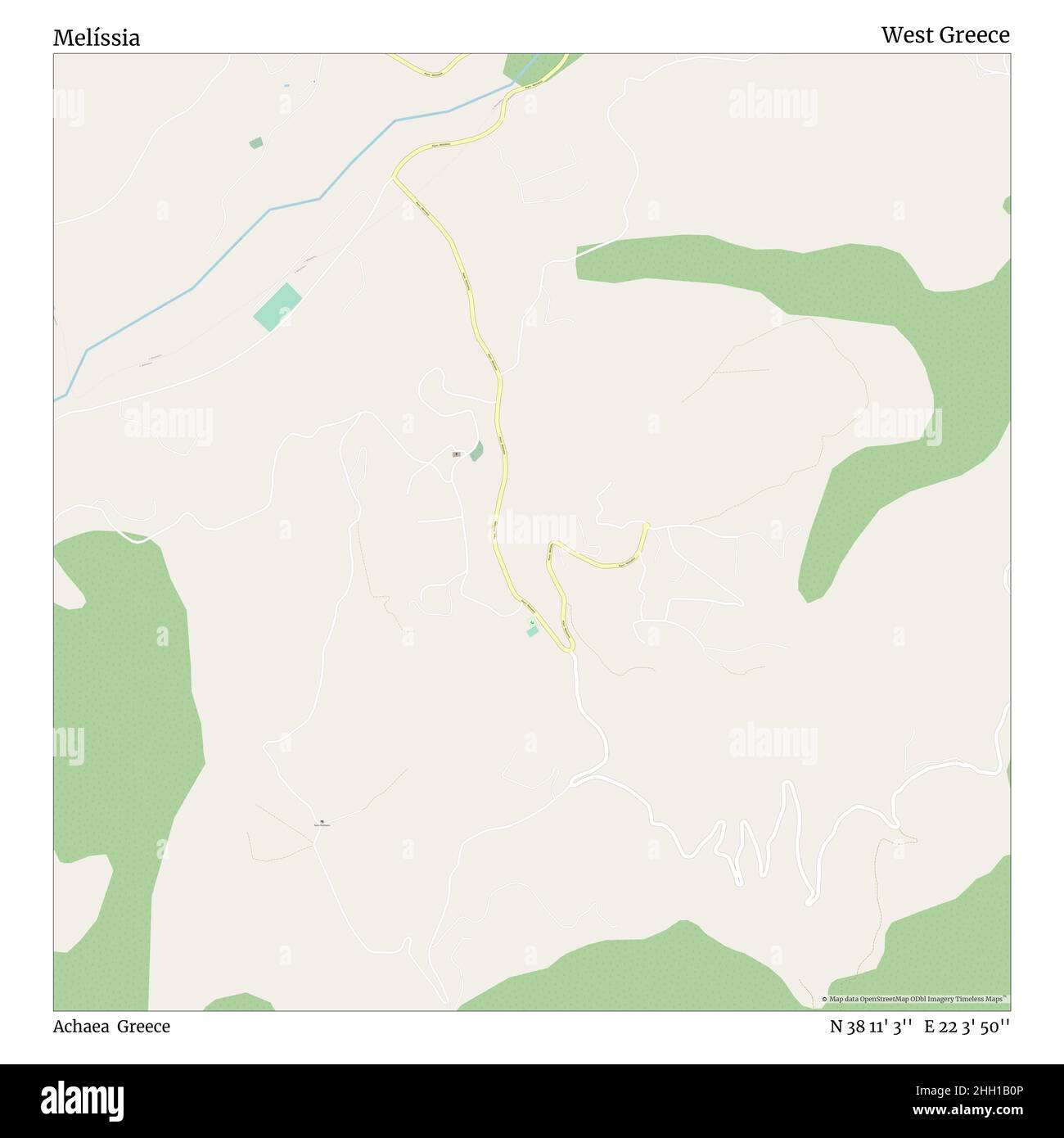 Melíssia, Achaea, Greece, West Greece, N 38 11' 3'', E 22 3' 50'', map, Timeless Map published in 2021. Travelers, explorers and adventurers like Florence Nightingale, David Livingstone, Ernest Shackleton, Lewis and Clark and Sherlock Holmes relied on maps to plan travels to the world's most remote corners, Timeless Maps is mapping most locations on the globe, showing the achievement of great dreams Stock Photo