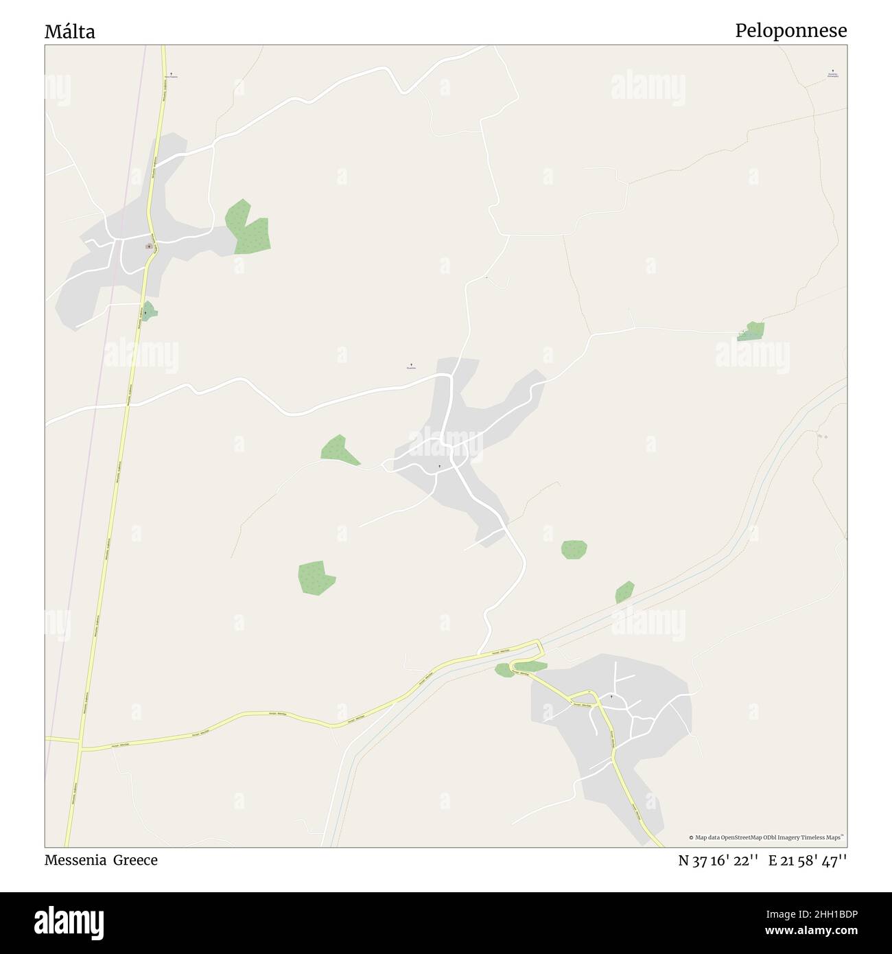 Málta, Messenia, Greece, Peloponnese, N 37 16' 22'', E 21 58' 47'', map, Timeless Map published in 2021. Travelers, explorers and adventurers like Florence Nightingale, David Livingstone, Ernest Shackleton, Lewis and Clark and Sherlock Holmes relied on maps to plan travels to the world's most remote corners, Timeless Maps is mapping most locations on the globe, showing the achievement of great dreams Stock Photo