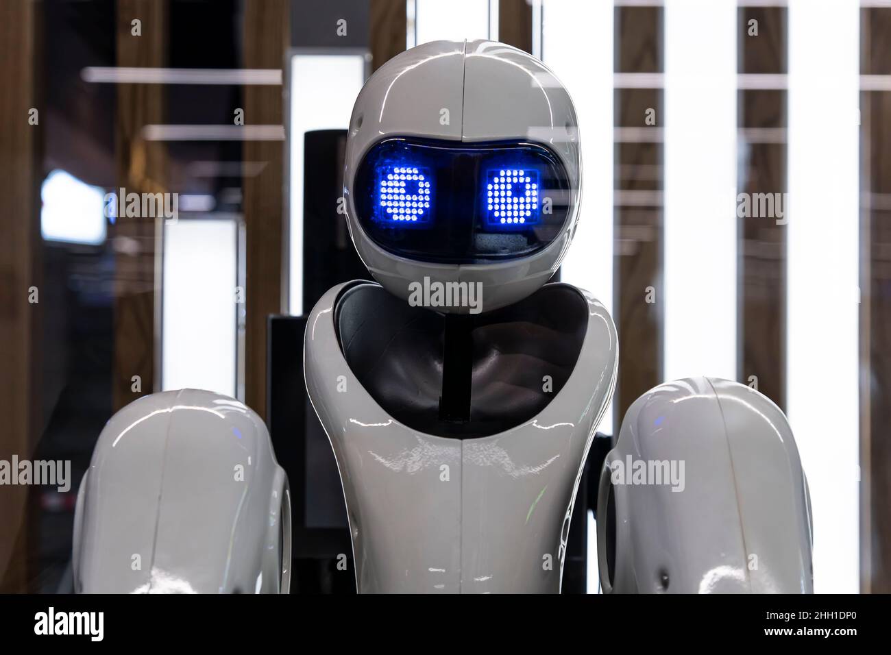 Robot Assistant close up face portrait. New technology Stock Photo