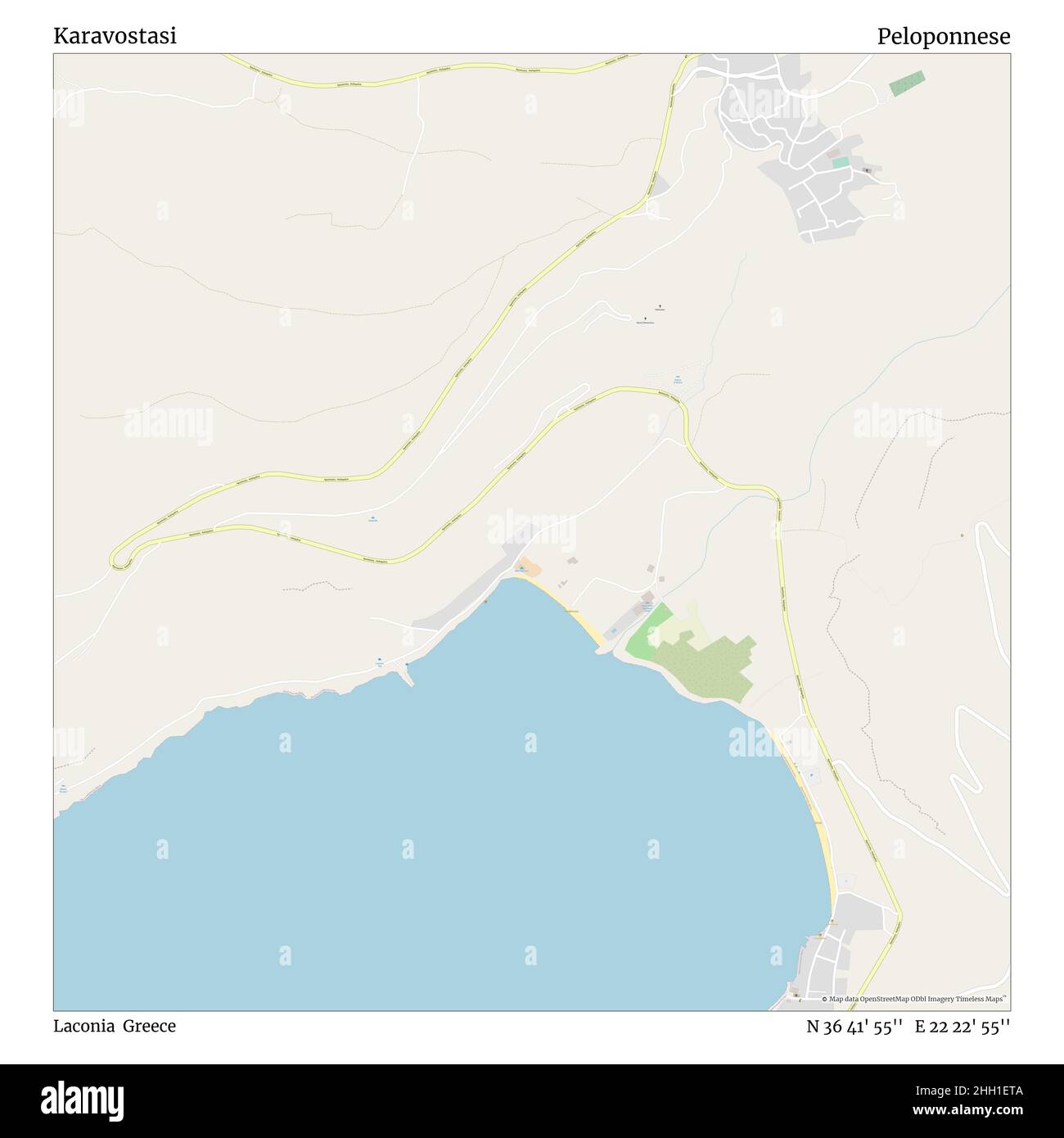 Karavostasi, Laconia, Greece, Peloponnese, N 36 41' 55'', E 22 22' 55'', map, Timeless Map published in 2021. Travelers, explorers and adventurers like Florence Nightingale, David Livingstone, Ernest Shackleton, Lewis and Clark and Sherlock Holmes relied on maps to plan travels to the world's most remote corners, Timeless Maps is mapping most locations on the globe, showing the achievement of great dreams Stock Photo