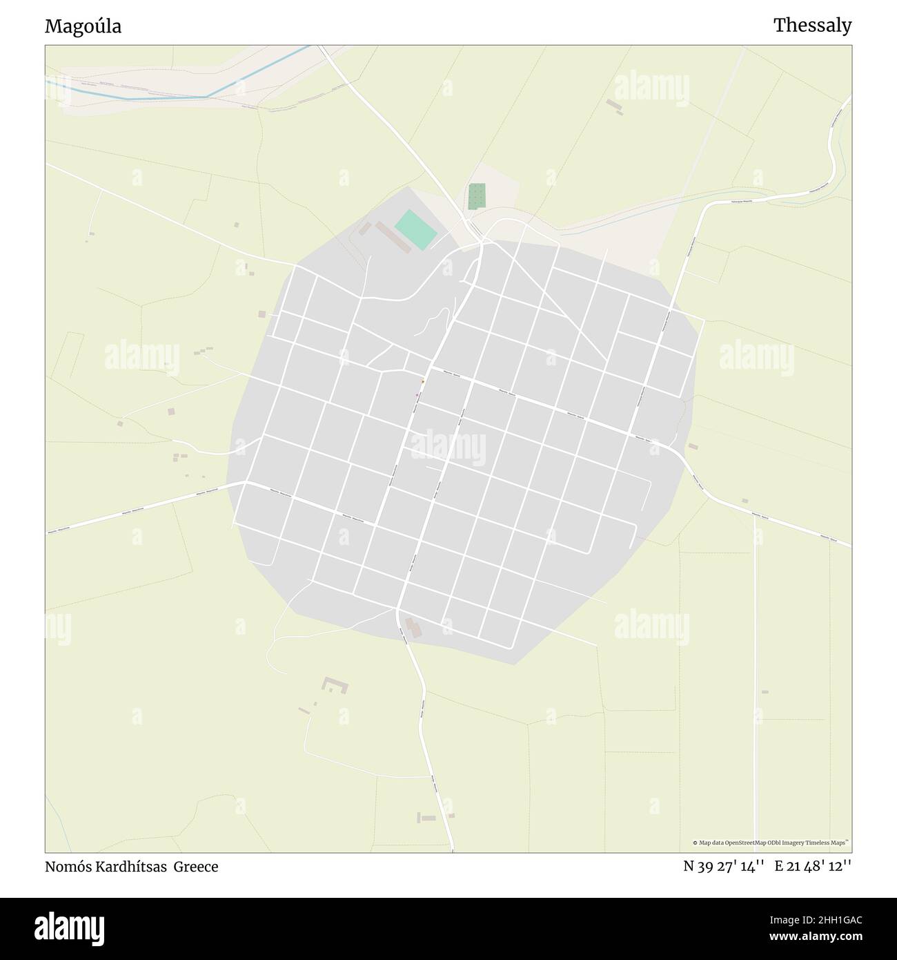 Magoúla, Nomós Kardhítsas, Greece, Thessaly, N 39 27' 14'', E 21 48' 12'', map, Timeless Map published in 2021. Travelers, explorers and adventurers like Florence Nightingale, David Livingstone, Ernest Shackleton, Lewis and Clark and Sherlock Holmes relied on maps to plan travels to the world's most remote corners, Timeless Maps is mapping most locations on the globe, showing the achievement of great dreams Stock Photo