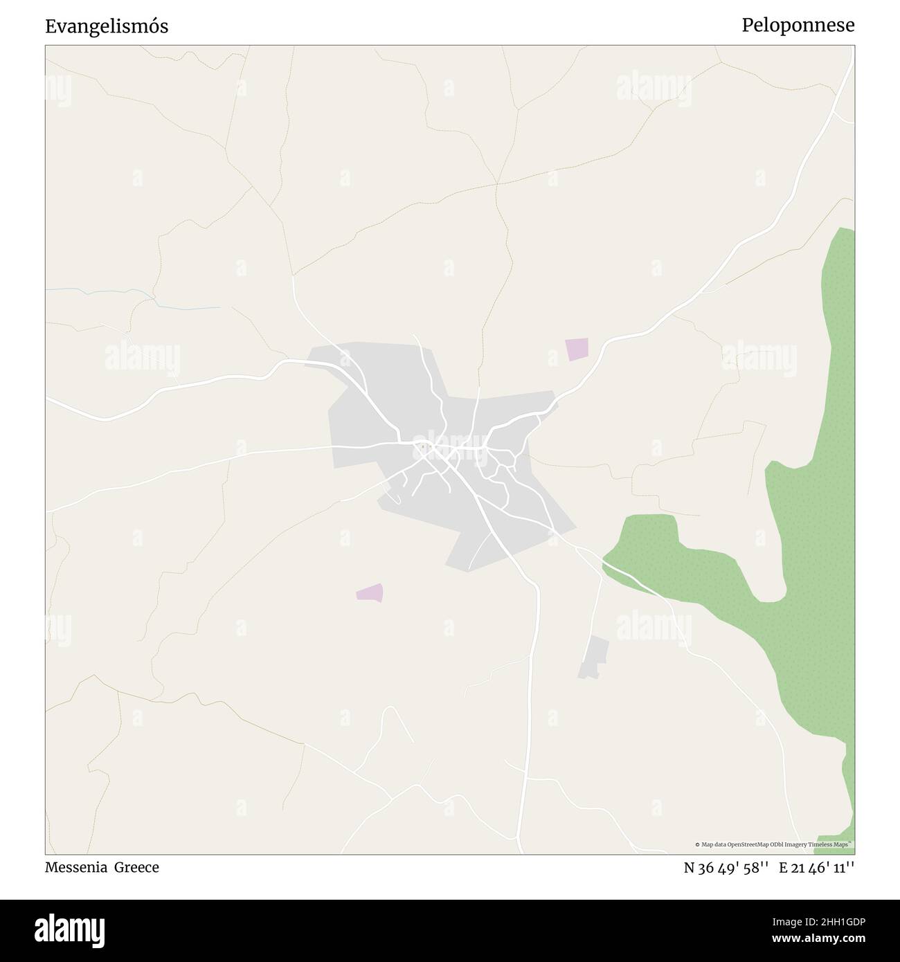 Evangelismós, Messenia, Greece, Peloponnese, N 36 49' 58'', E 21 46' 11'', map, Timeless Map published in 2021. Travelers, explorers and adventurers like Florence Nightingale, David Livingstone, Ernest Shackleton, Lewis and Clark and Sherlock Holmes relied on maps to plan travels to the world's most remote corners, Timeless Maps is mapping most locations on the globe, showing the achievement of great dreams Stock Photo