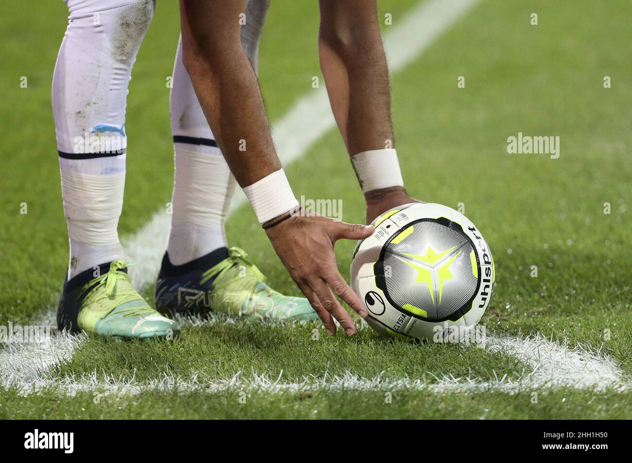 uhlsport official matchball, Nike boots of Dimitri Payet of Marseille  during the French championship Ligue 1 football match between RC Lens (RCL)  and Olympique de Marseille (OM) on January 22, 2022 at