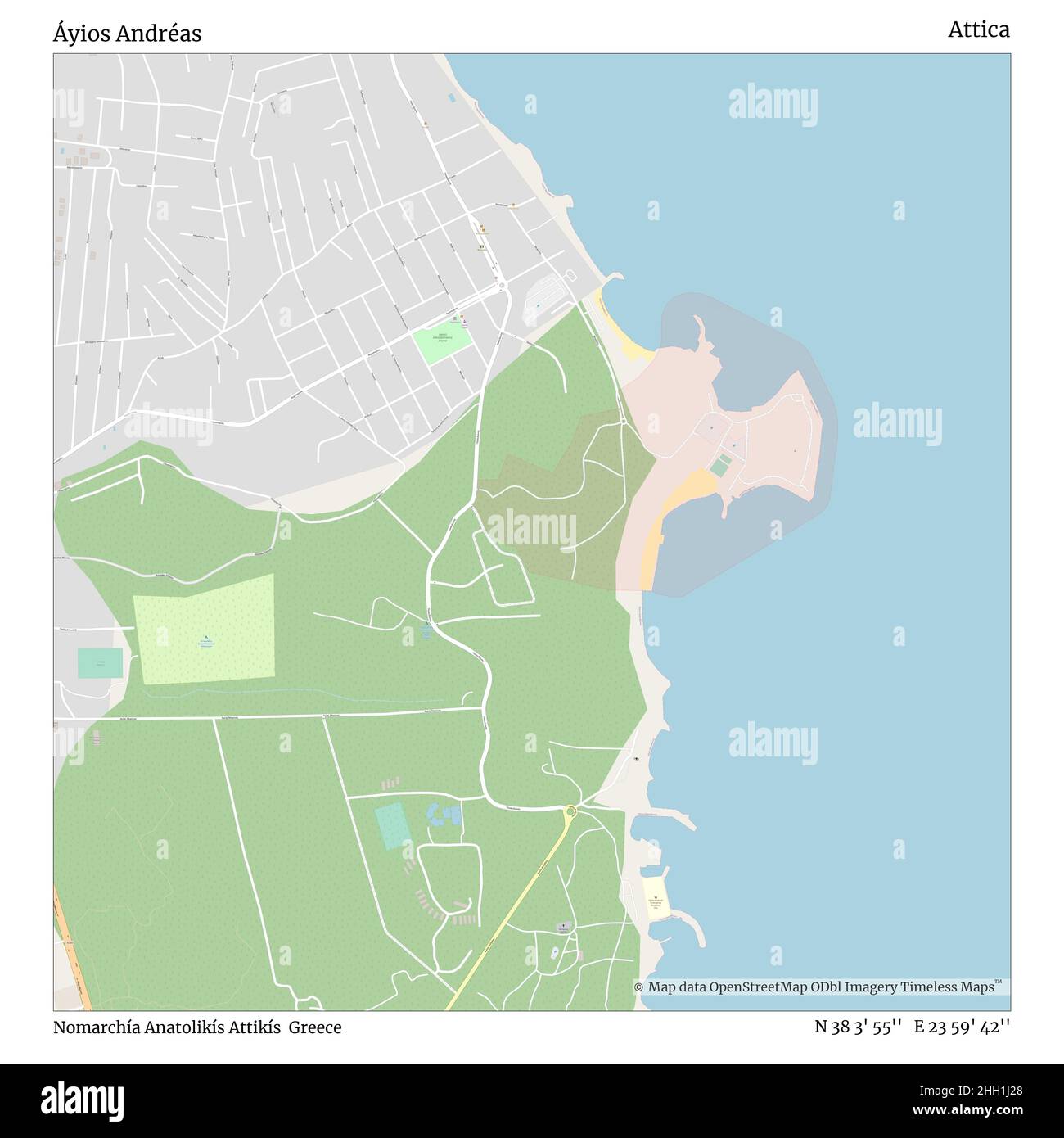 Áyios Andréas, Nomarchía Anatolikís Attikís, Greece, Attica, N 38 3' 55'', E 23 59' 42'', map, Timeless Map published in 2021. Travelers, explorers and adventurers like Florence Nightingale, David Livingstone, Ernest Shackleton, Lewis and Clark and Sherlock Holmes relied on maps to plan travels to the world's most remote corners, Timeless Maps is mapping most locations on the globe, showing the achievement of great dreams Stock Photo