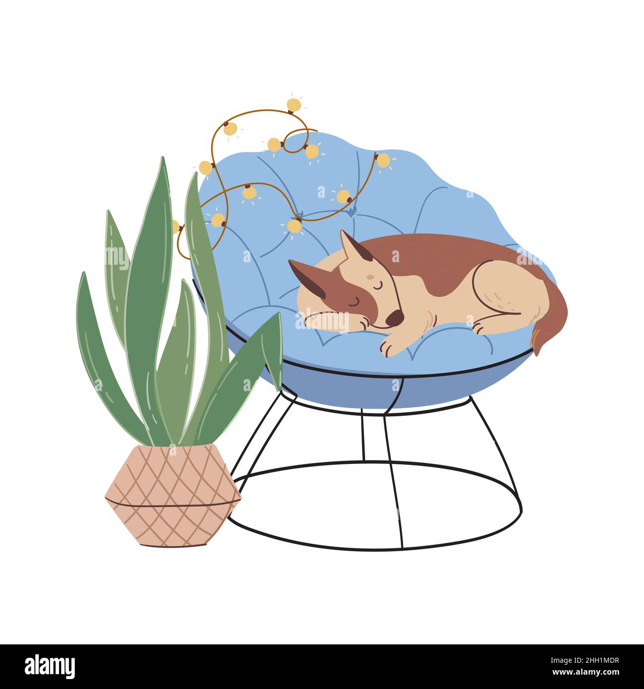 Sleeping dog in a chair. Illustration with an animal resting in an easy chair. Cozy vector composition in flat style Stock Vector