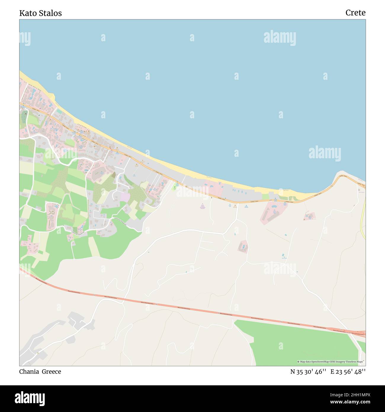 Kato Stalos, Chania, Greece, Crete, N 35 30' 46'', E 23 56' 48'', map, Timeless Map published in 2021. Travelers, explorers and adventurers like Florence Nightingale, David Livingstone, Ernest Shackleton, Lewis and Clark and Sherlock Holmes relied on maps to plan travels to the world's most remote corners, Timeless Maps is mapping most locations on the globe, showing the achievement of great dreams Stock Photo