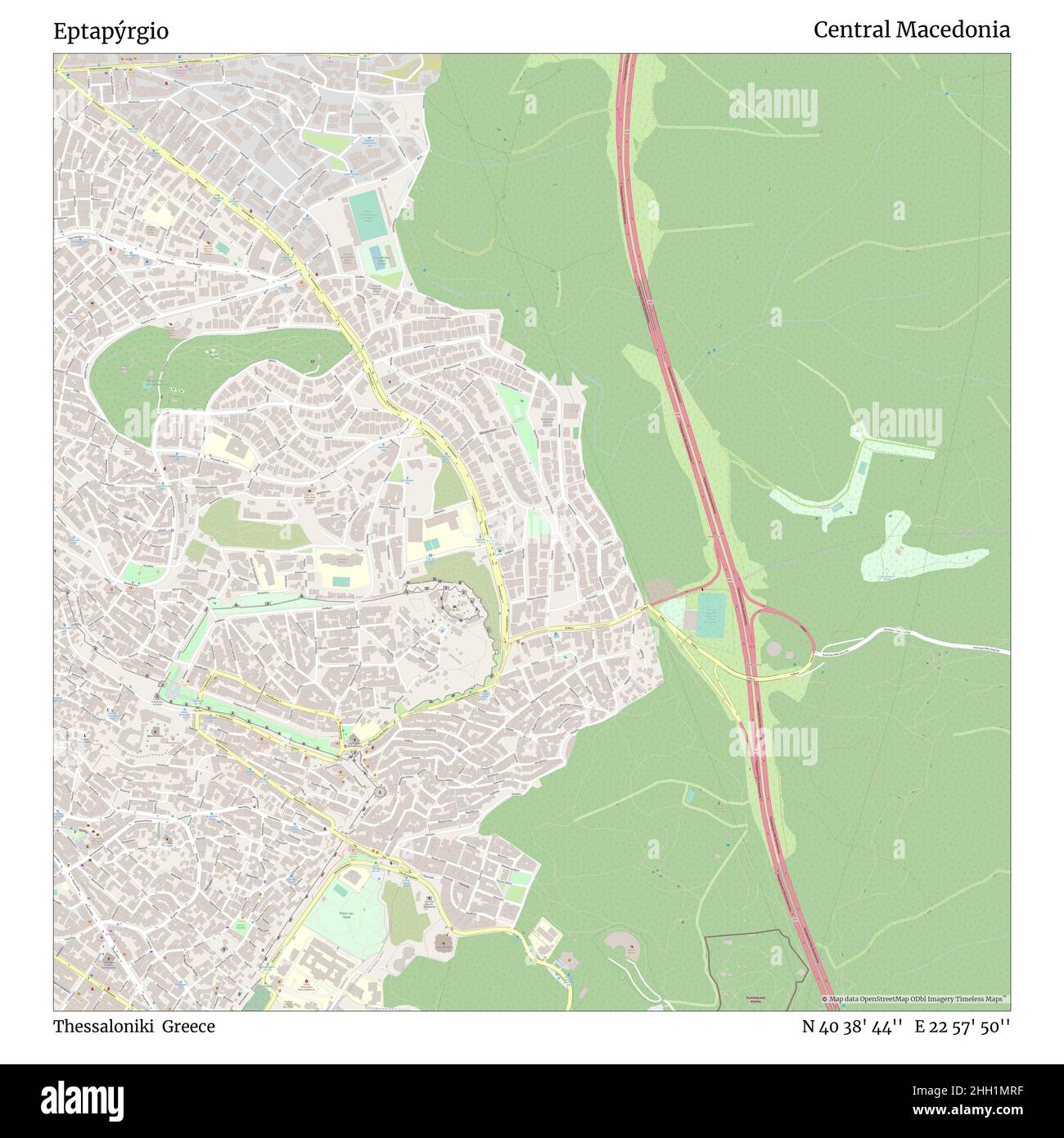 Eptapýrgio, Thessaloniki, Greece, Central Macedonia, N 40 38' 44'', E 22 57' 50'', map, Timeless Map published in 2021. Travelers, explorers and adventurers like Florence Nightingale, David Livingstone, Ernest Shackleton, Lewis and Clark and Sherlock Holmes relied on maps to plan travels to the world's most remote corners, Timeless Maps is mapping most locations on the globe, showing the achievement of great dreams Stock Photo