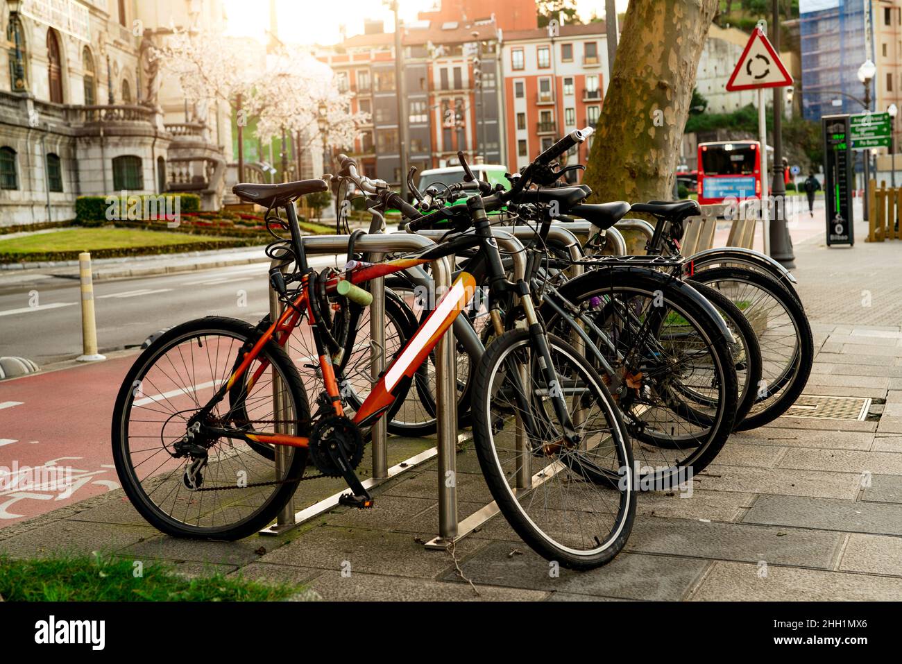 Bicycle at bike station for rent to travel or transport in the city. Sustainable travel. Bicycle sharing system. Bicycle for city tour at bike parking Stock Photo