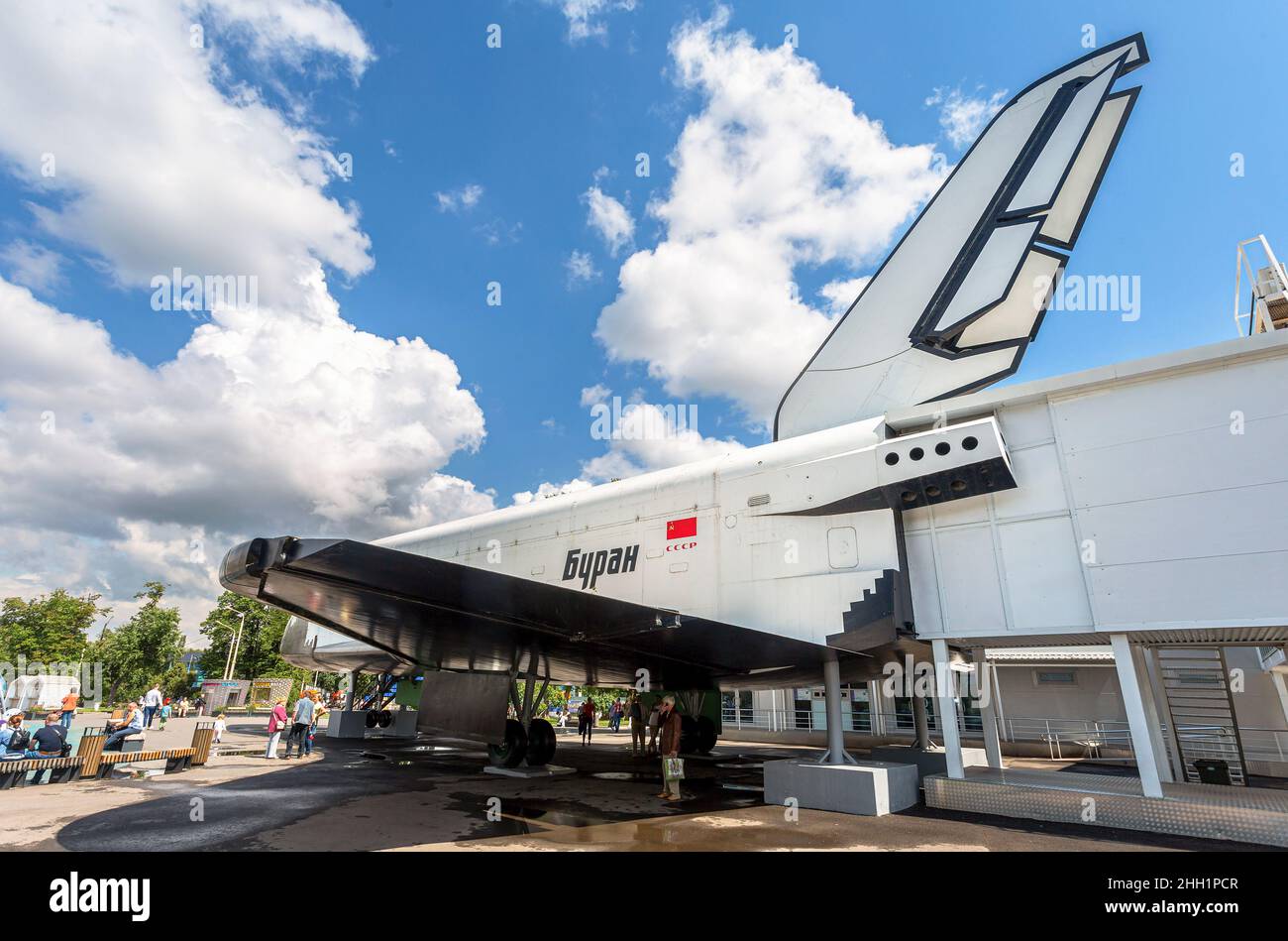 Moscow, Russia - July 8, 2019: Model of first Soviet reusable spacecraft Buran at VDNKH. A popular tourist attraction Stock Photo