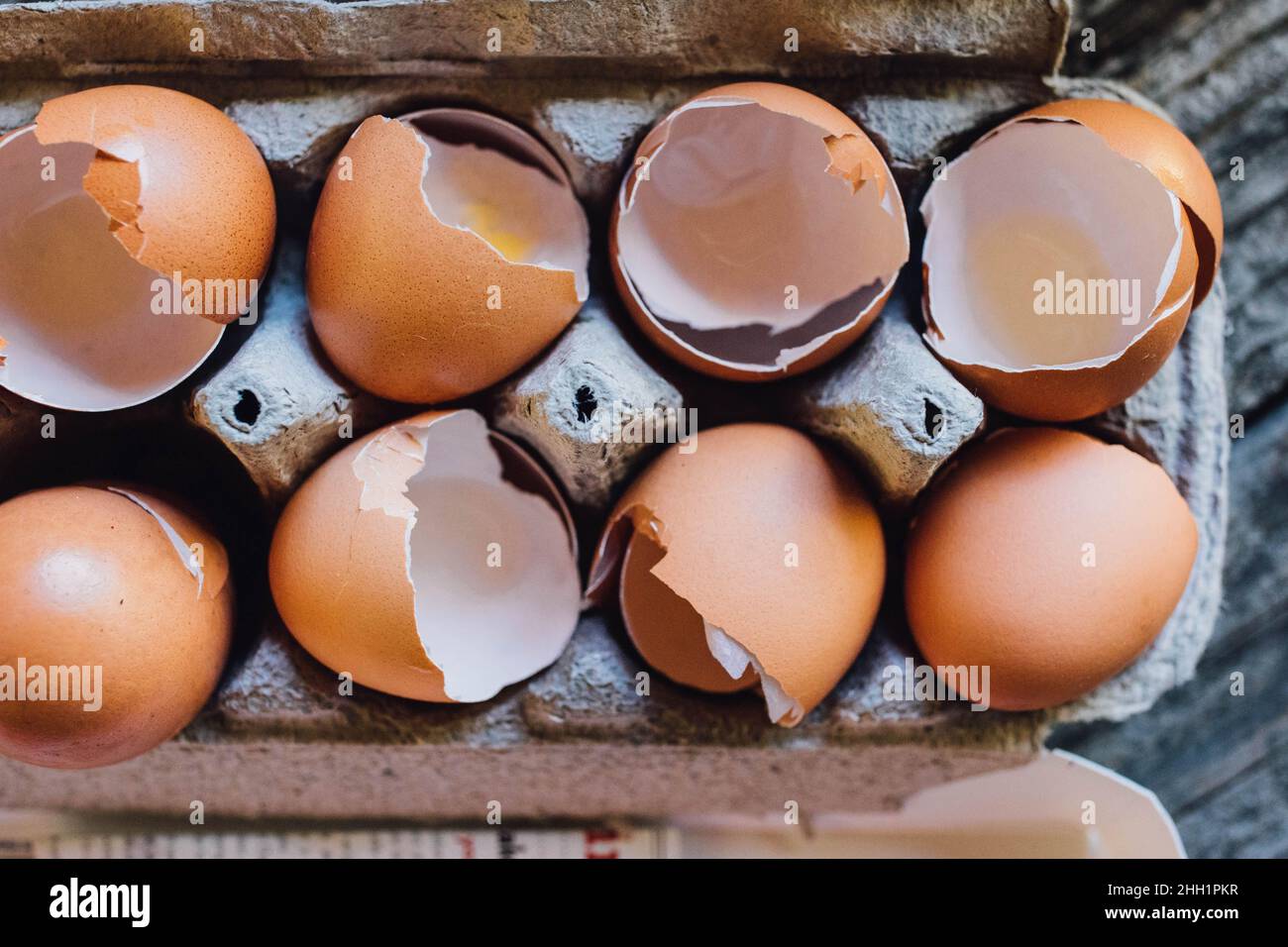 close up of egg shells in carton Stock Photo